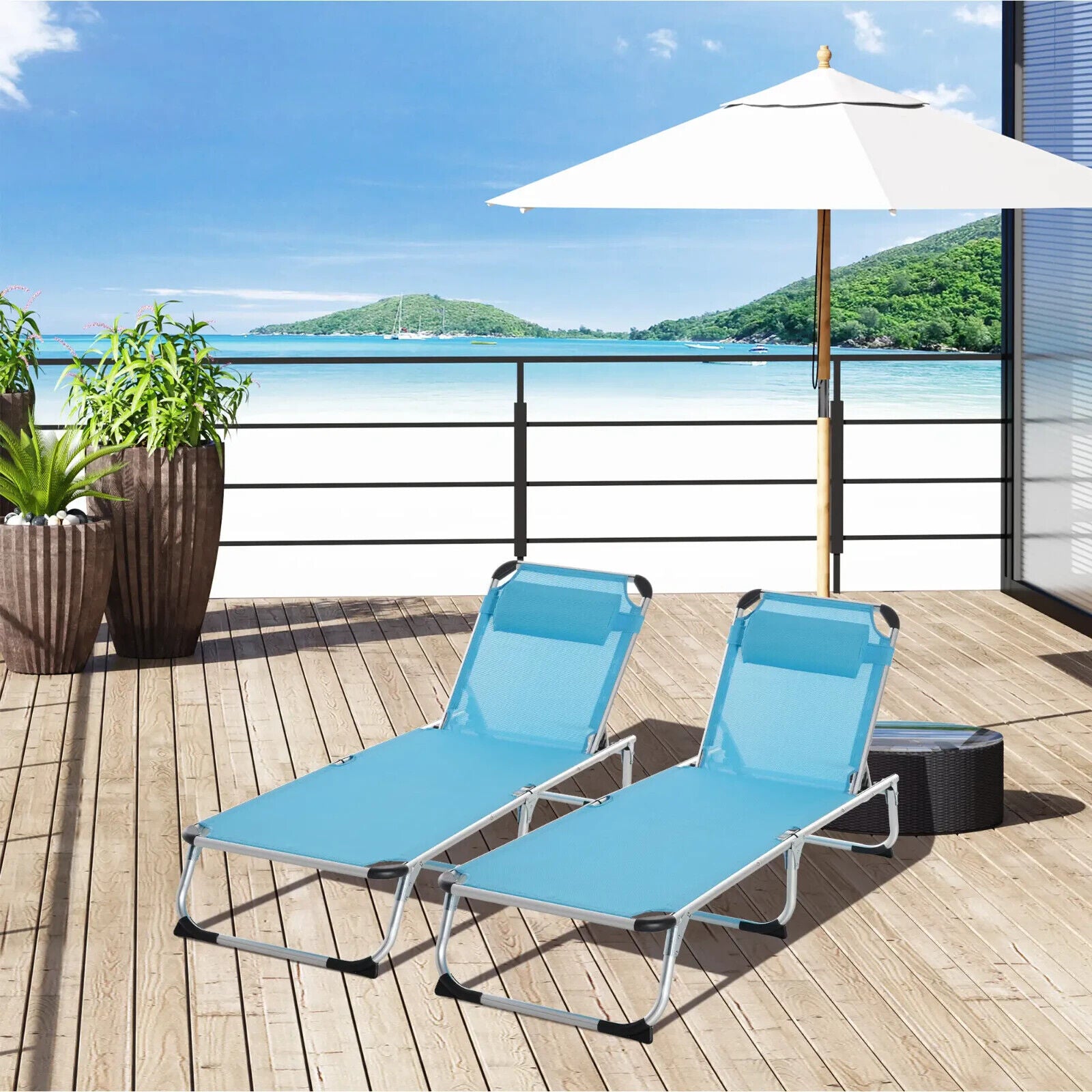 2 Piece Foldable Outdoor Sun Lounger with Pillow 5 - Level Adjustable Reclining - Home and Garden Furniture Shop - #rustic - furniture#