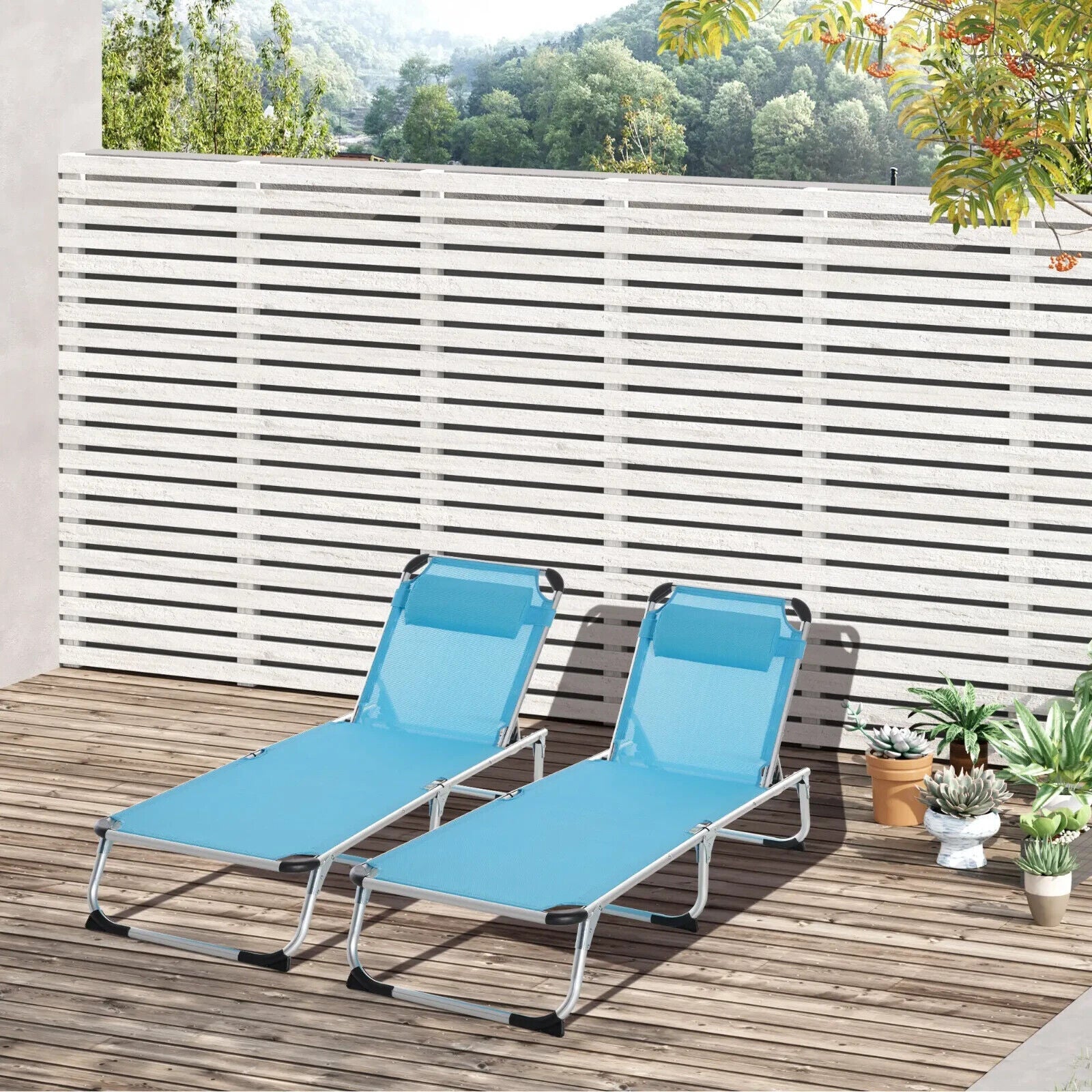 2 Piece Foldable Outdoor Sun Lounger with Pillow 5 - Level Adjustable Reclining - Home and Garden Furniture Shop - #rustic - furniture#