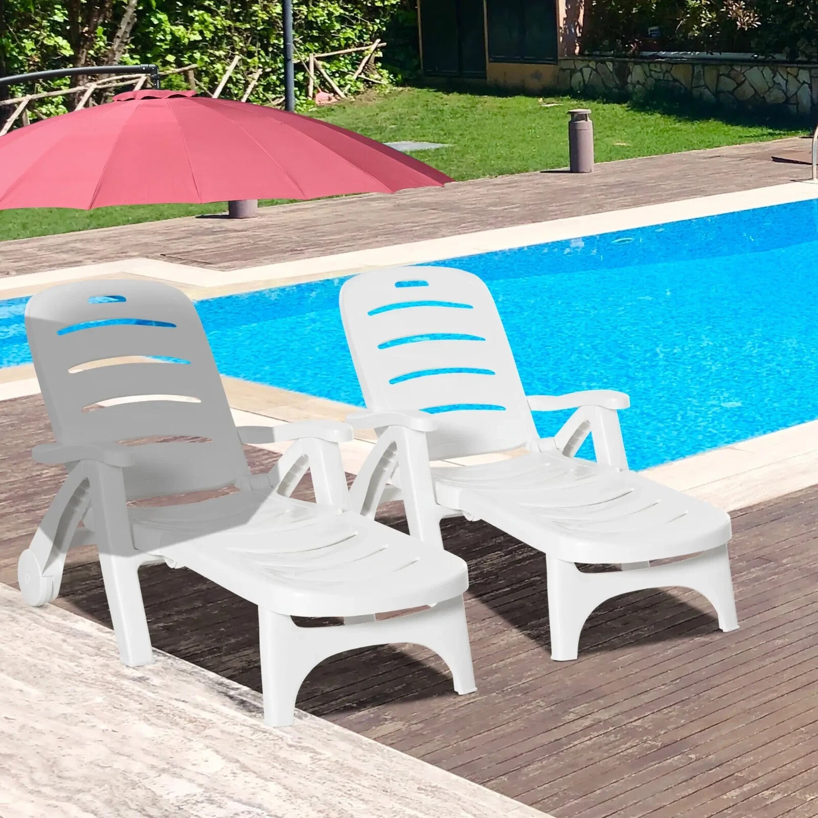 2 Piece Folding Sun Lounger Set with Wheels 5 Position Recliner Garden Chairs - Home and Garden Furniture Shop - rustic - furniture