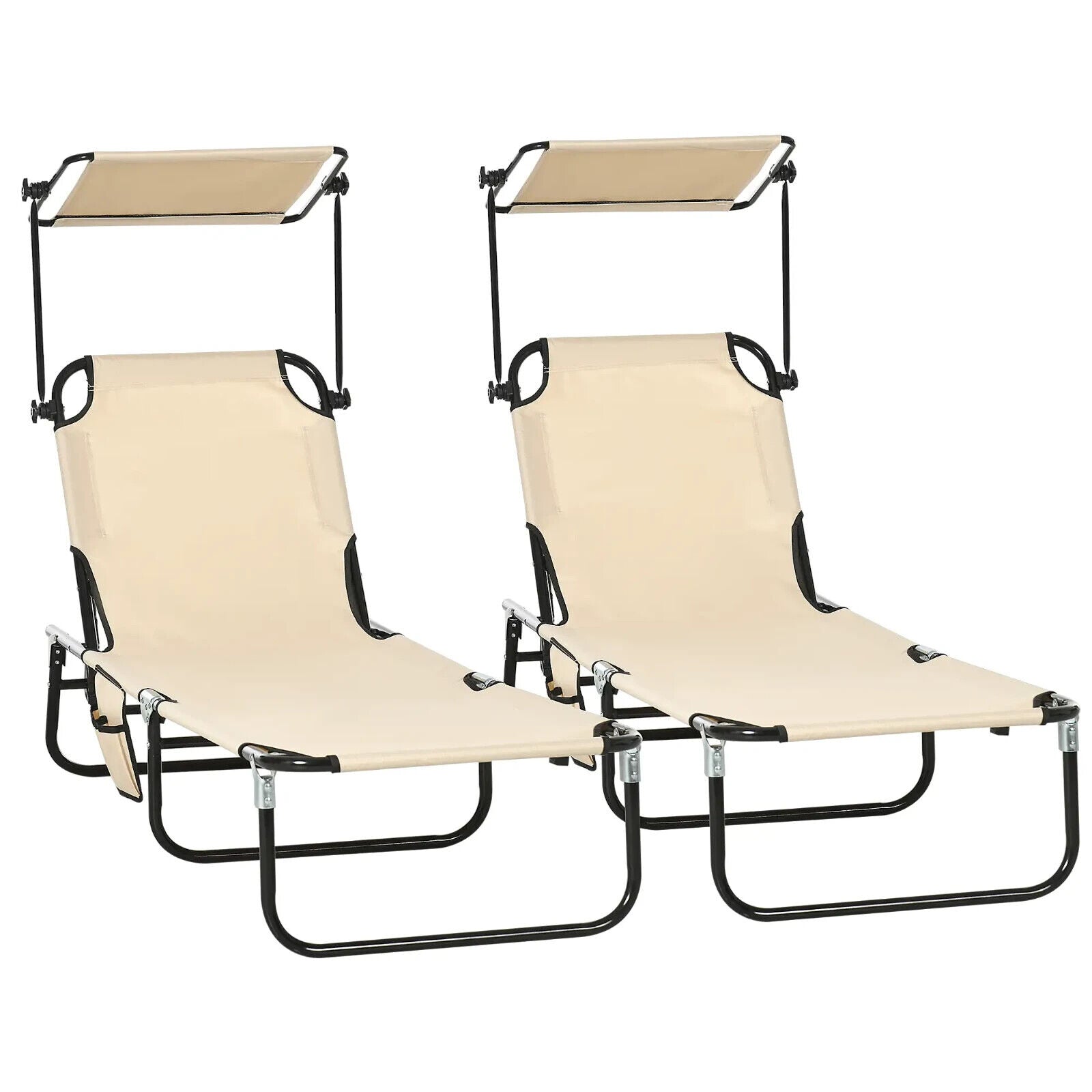 2 Piece Folding Sun Loungers w/ Canopy Adjustable Garden Recliners & Side Pocket - Home and Garden Furniture Shop - #rustic - furniture#