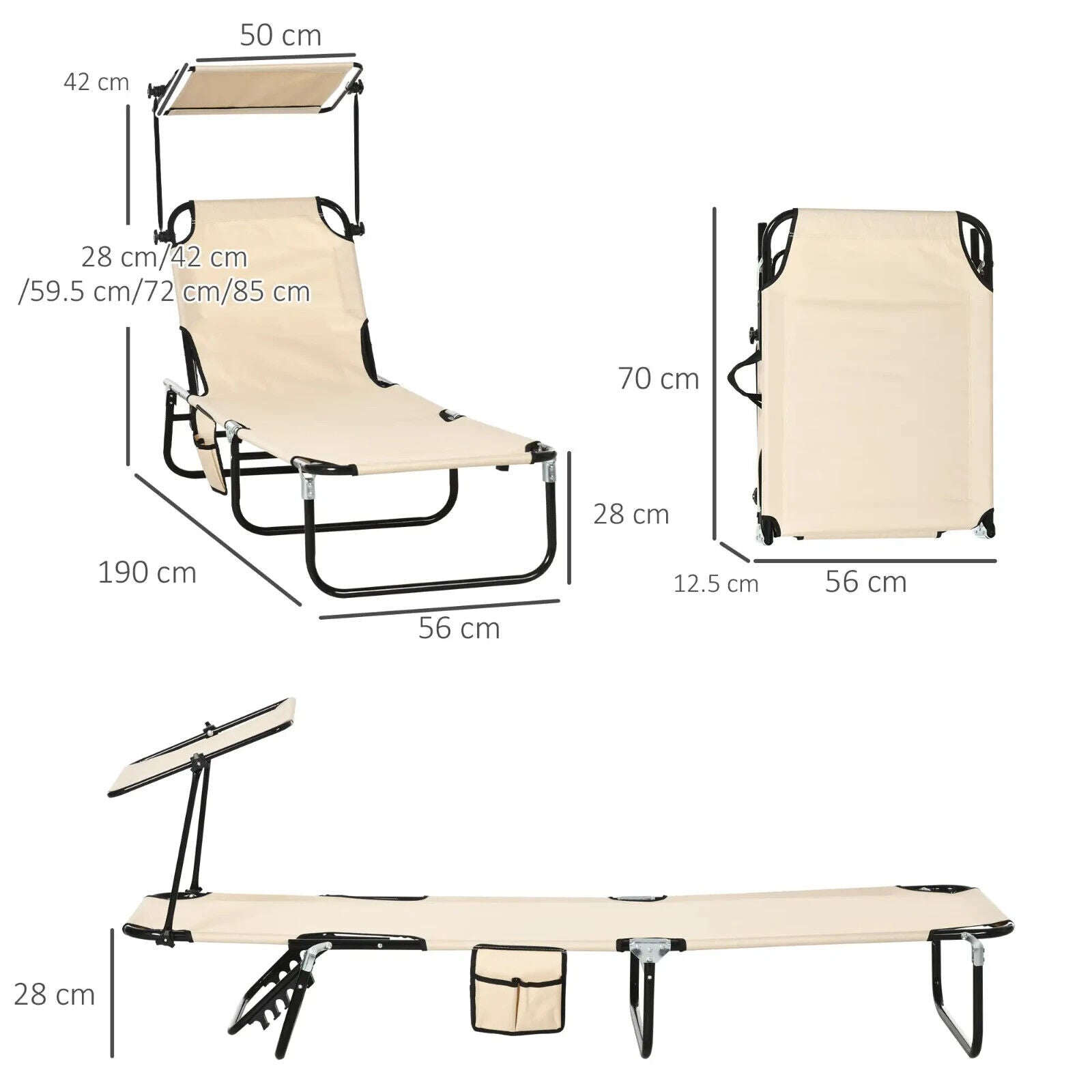 2 Piece Folding Sun Loungers w/ Canopy Adjustable Garden Recliners & Side Pocket - Home and Garden Furniture Shop - #rustic - furniture#