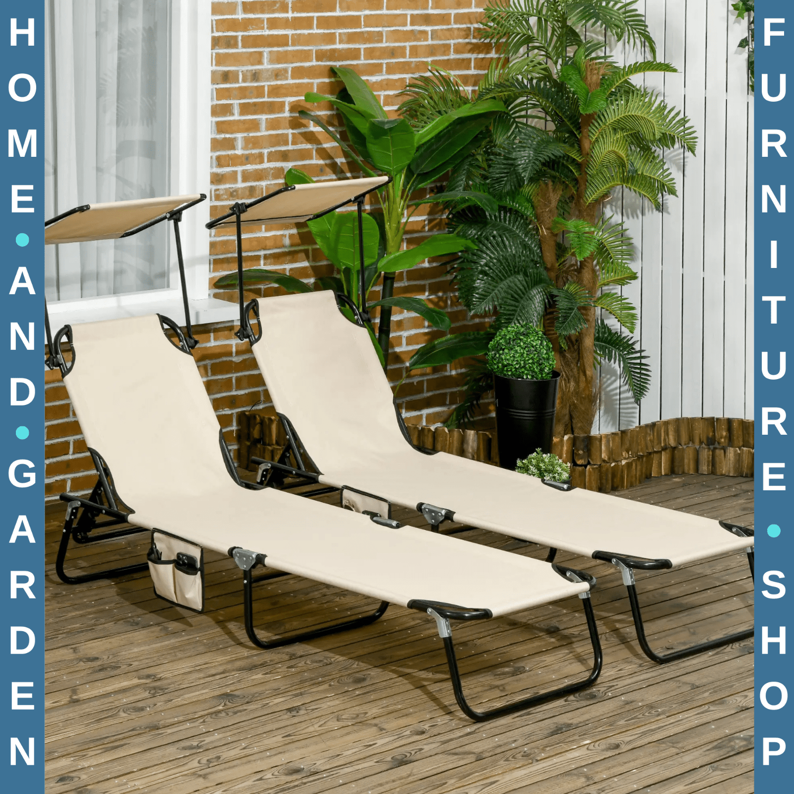 2 Piece Folding Sun Loungers w/ Canopy Adjustable Garden Recliners & Side Pocket - Home and Garden Furniture Shop - #rustic - furniture#