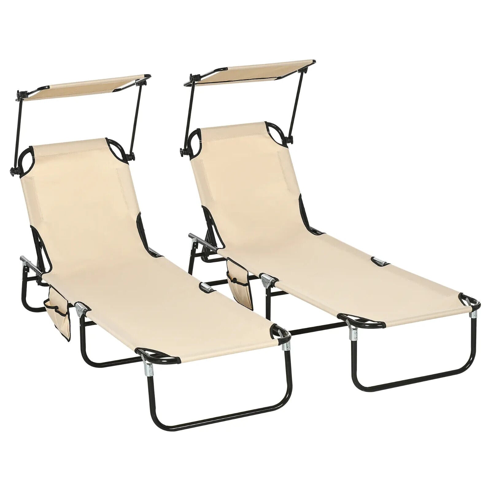 2 Piece Folding Sun Loungers w/ Canopy Adjustable Garden Recliners & Side Pocket - Home and Garden Furniture Shop - #rustic - furniture#
