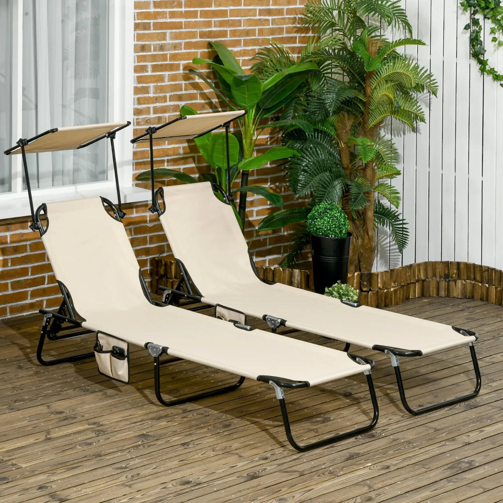 2 Piece Folding Sun Loungers w/ Canopy Adjustable Garden Recliners & Side Pocket - Home and Garden Furniture Shop - #rustic - furniture#