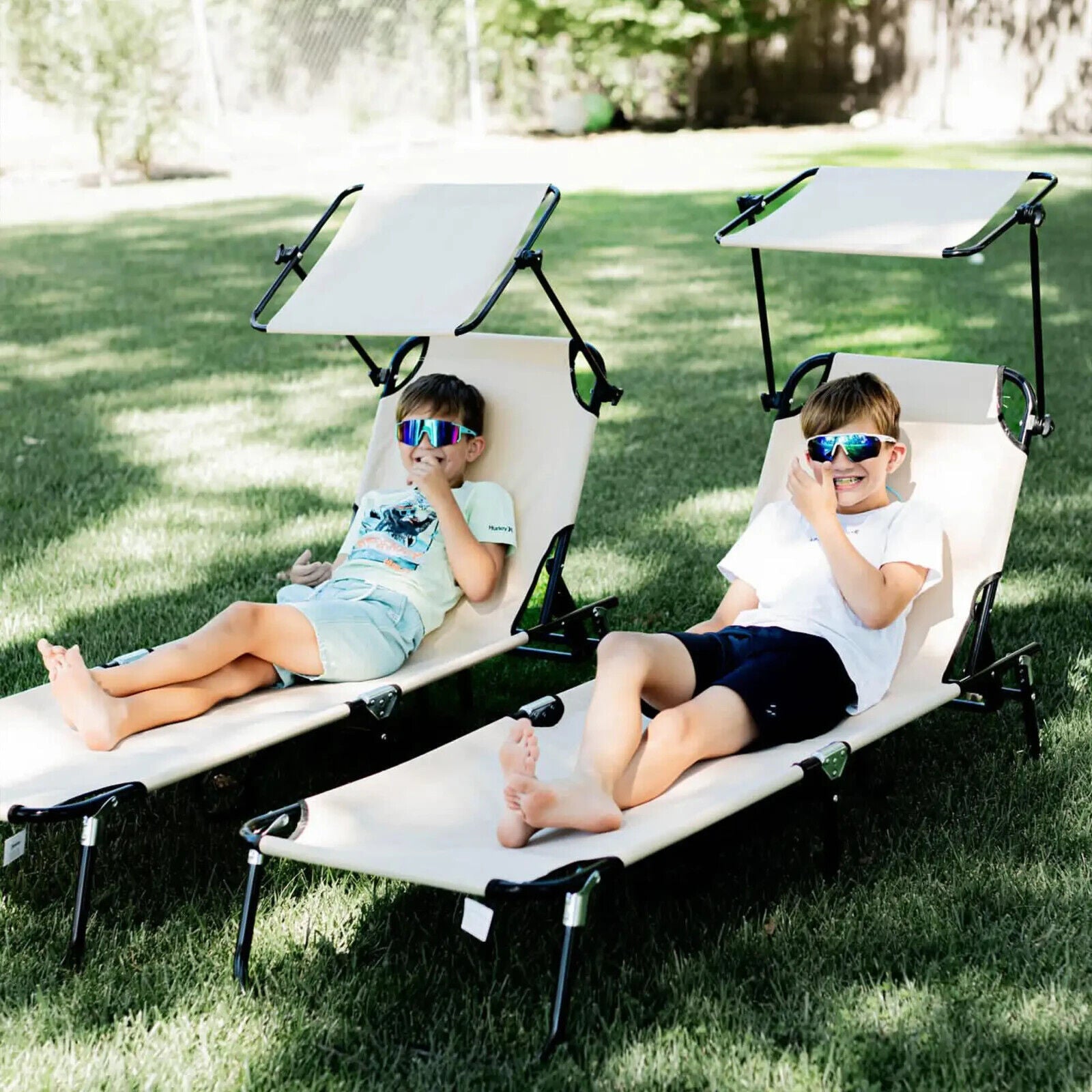 2 Piece Folding Sun Loungers w/ Canopy Adjustable Garden Recliners & Side Pocket - Home and Garden Furniture Shop - #rustic - furniture#