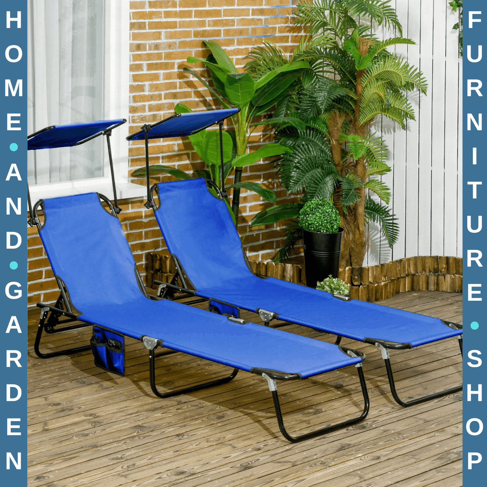 2 Piece Folding Sun Loungers with Canopy Adjustable Garden Chairs w/ Side Pocket - Home and Garden Furniture Shop - #rustic - furniture#