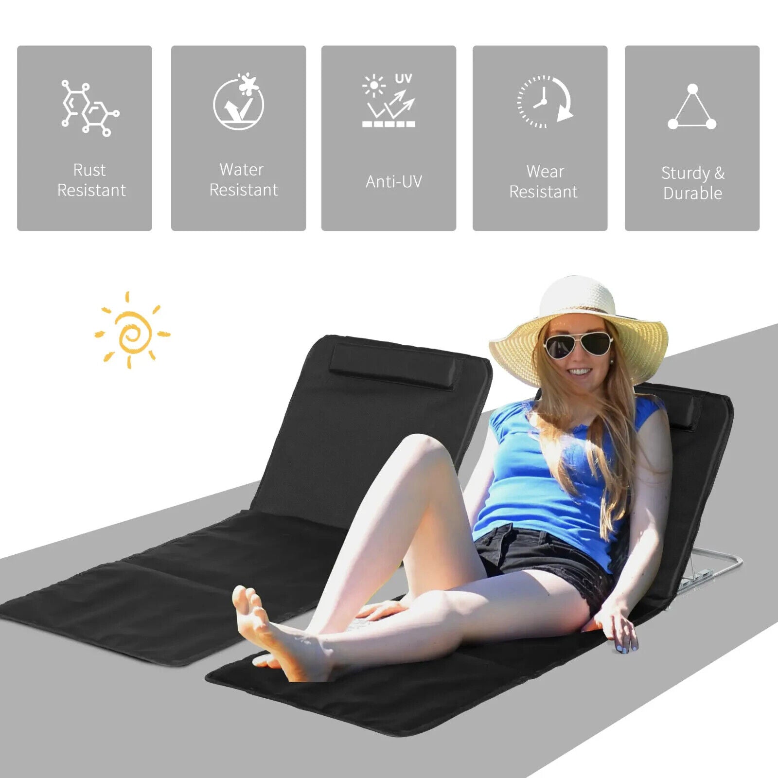 2 Piece Outdoor Beach Mat Steel Reclining Chair Set with Pillow for Garden Black - Home and Garden Furniture Shop - #rustic - furniture#