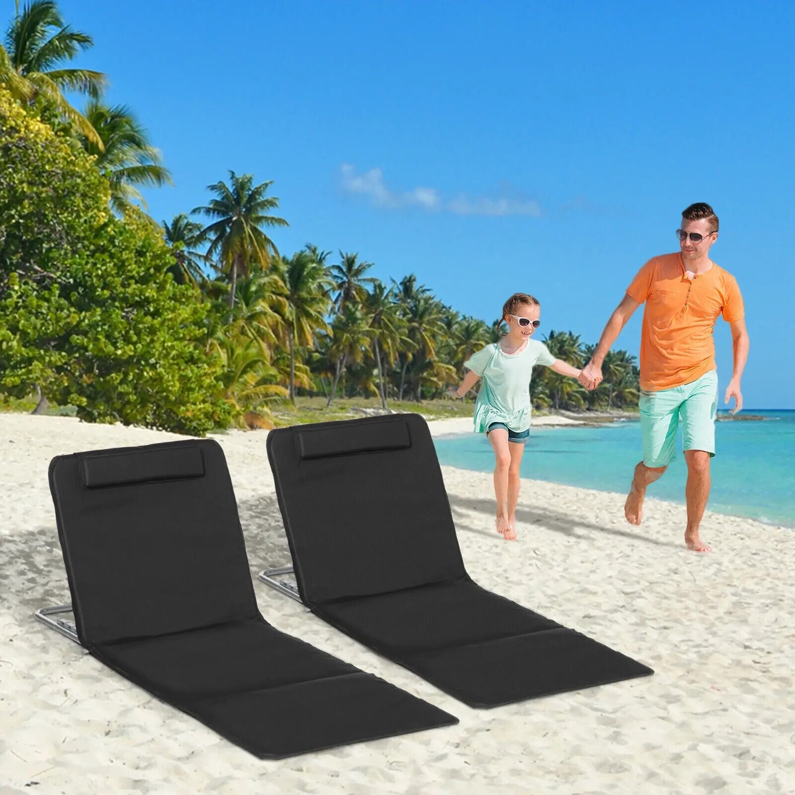 2 Piece Outdoor Beach Mat Steel Reclining Chair Set with Pillow for Garden Black - Home and Garden Furniture Shop - #rustic - furniture#