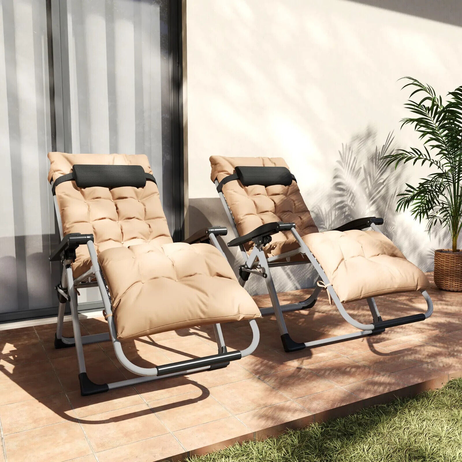 2 Piece Reclining Zero Gravity Sun Loungers with Cushions for Garden Patio Khaki - Home and Garden Furniture Shop - #rustic - furniture#