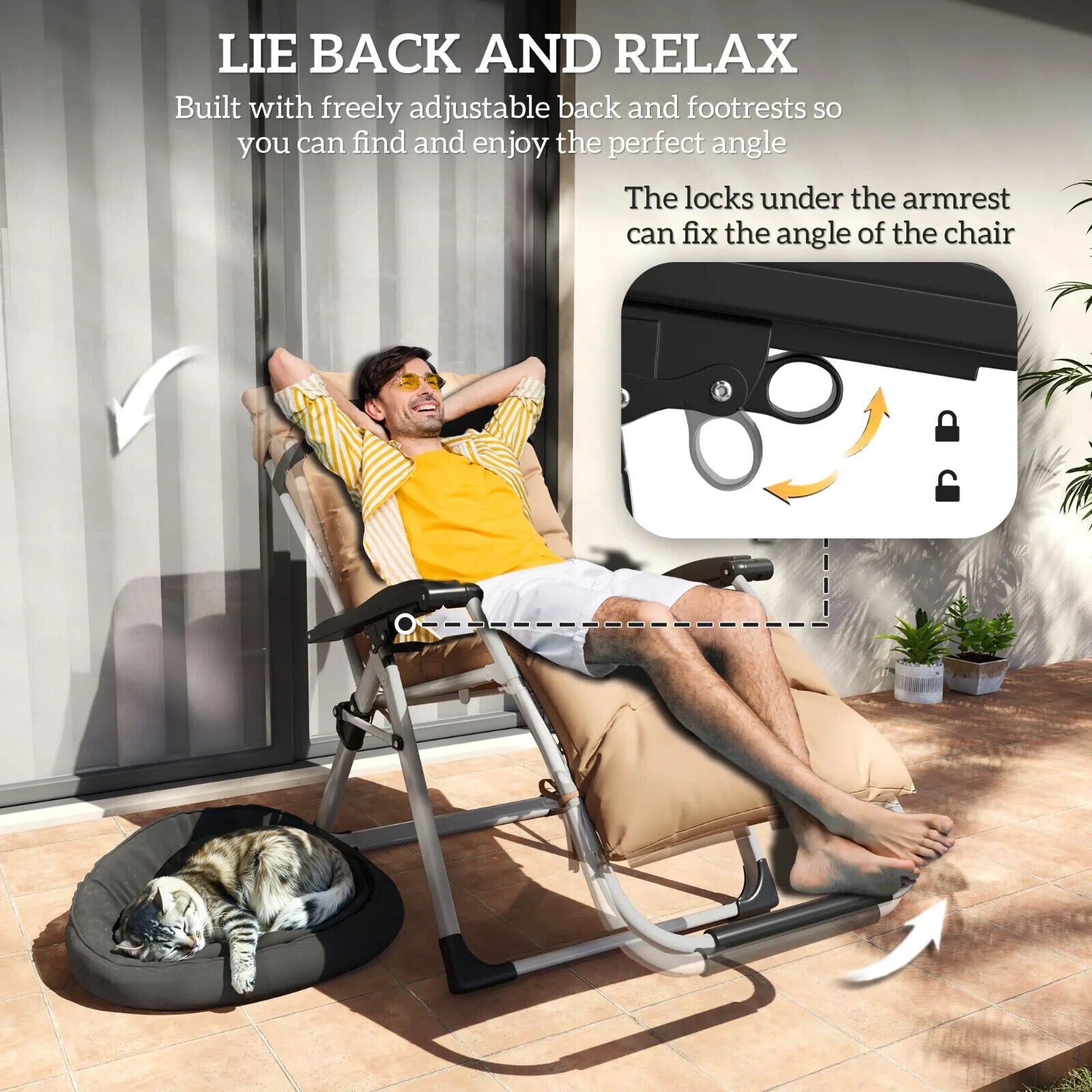 2 Piece Reclining Zero Gravity Sun Loungers with Cushions for Garden Patio Khaki - Home and Garden Furniture Shop - #rustic - furniture#