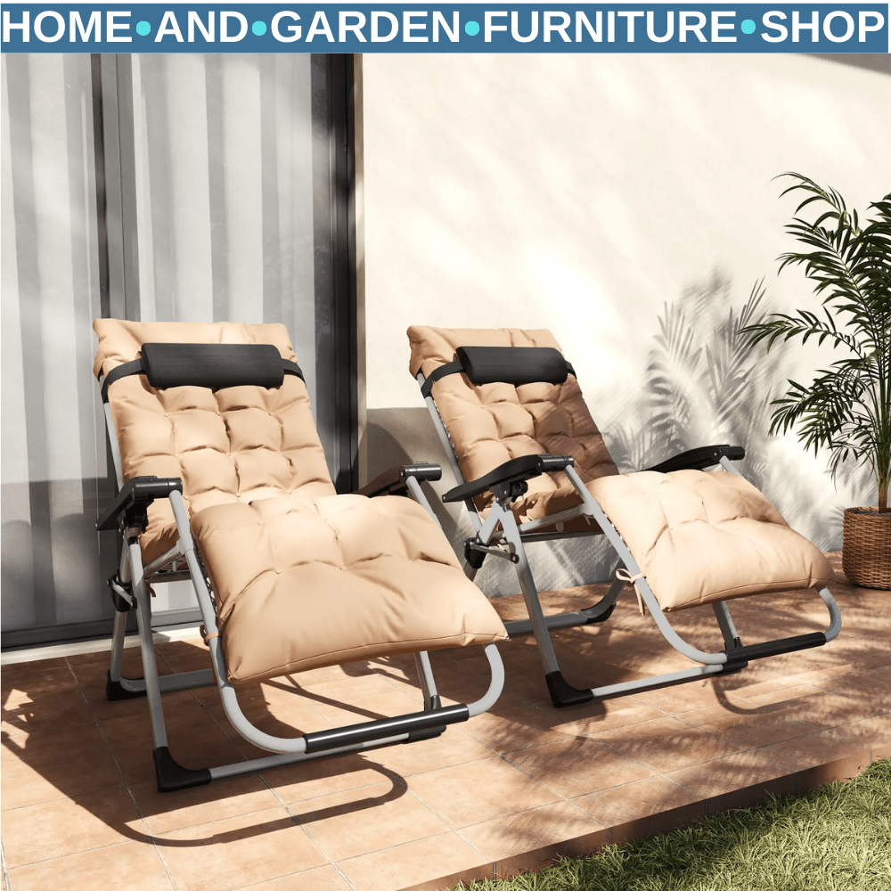 2 Piece Reclining Zero Gravity Sun Loungers with Cushions for Garden Patio Khaki - Home and Garden Furniture Shop - #rustic - furniture#