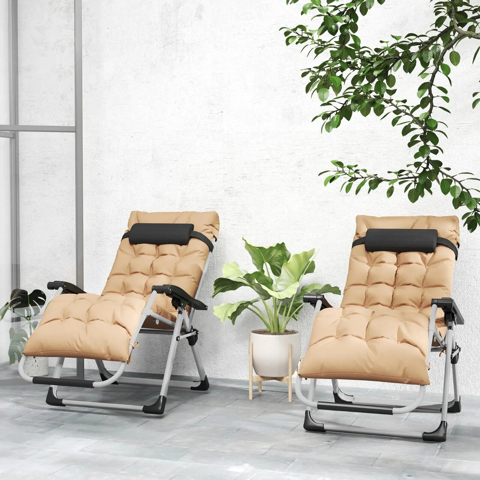 2 Piece Reclining Zero Gravity Sun Loungers with Cushions for Garden Patio Khaki - Home and Garden Furniture Shop - #rustic - furniture#