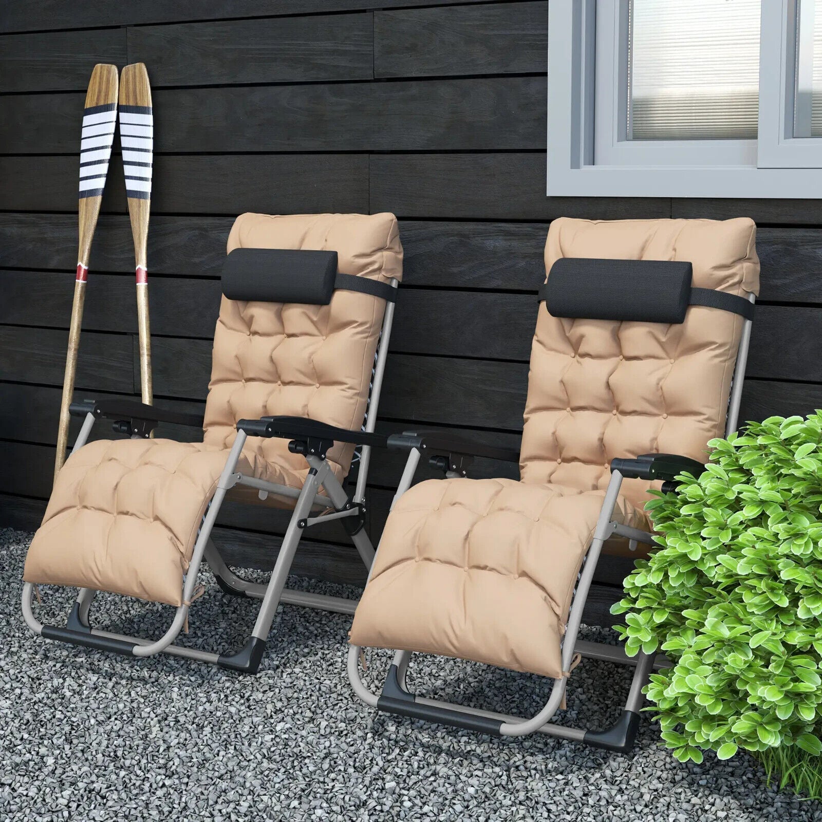 2 Piece Reclining Zero Gravity Sun Loungers with Cushions for Garden Patio Khaki - Home and Garden Furniture Shop - #rustic - furniture#