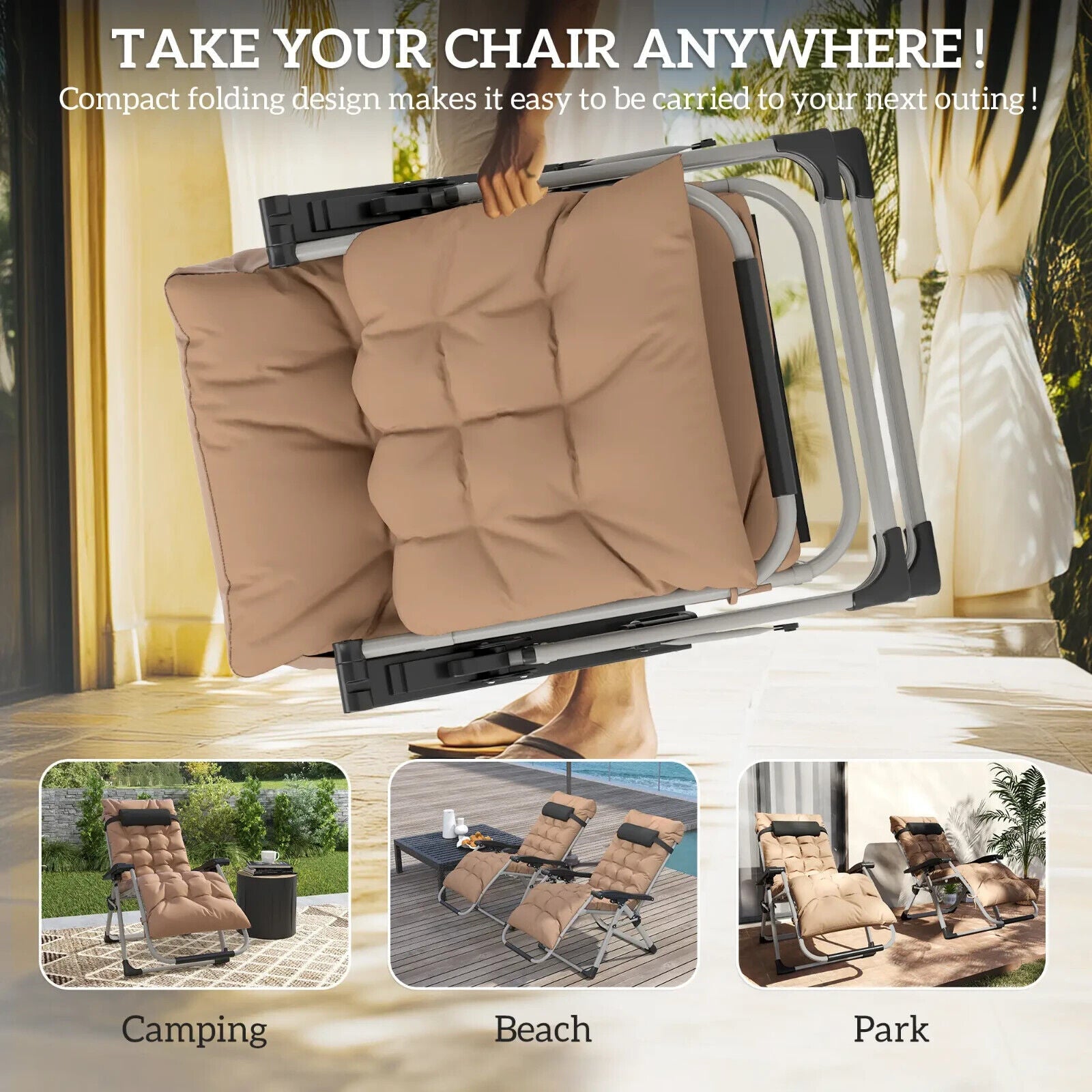 2 Piece Reclining Zero Gravity Sun Loungers with Cushions for Garden Patio Khaki - Home and Garden Furniture Shop - #rustic - furniture#