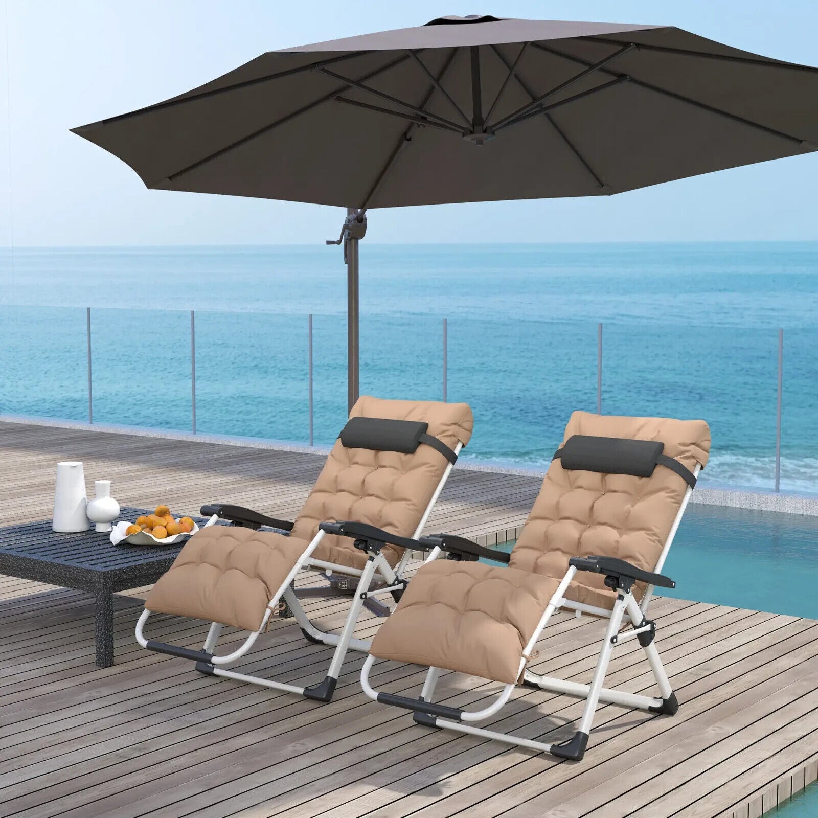 2 Piece Reclining Zero Gravity Sun Loungers with Cushions for Garden Patio Khaki - Home and Garden Furniture Shop - #rustic - furniture#