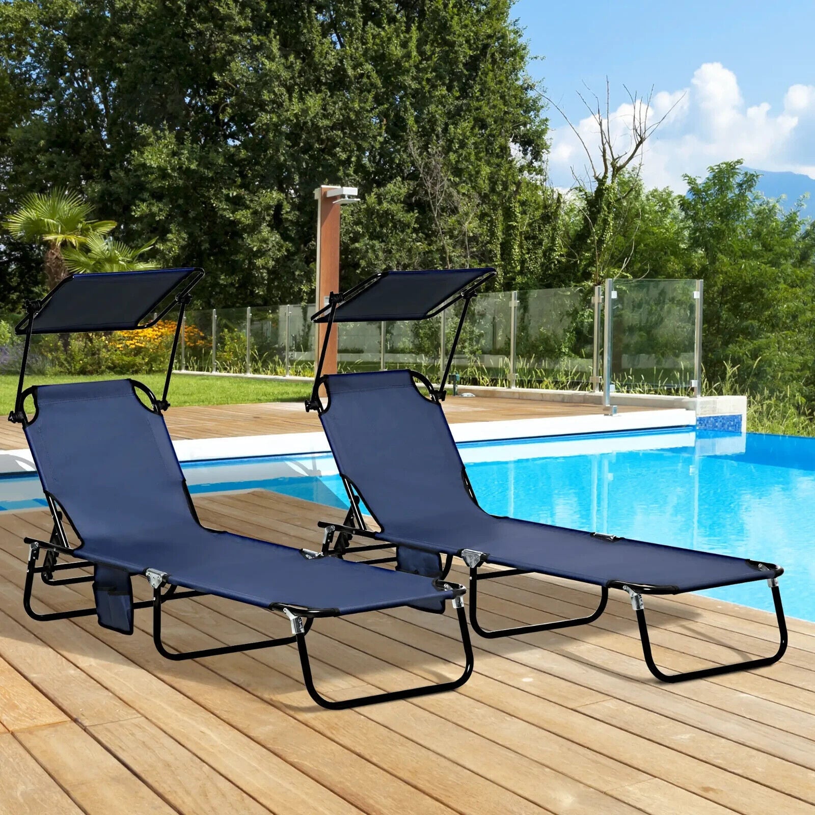2 Piece Sun Loungers with Canopy Adjustable Garden Recliners with Side Pocket - Home and Garden Furniture Shop - #rustic - furniture#