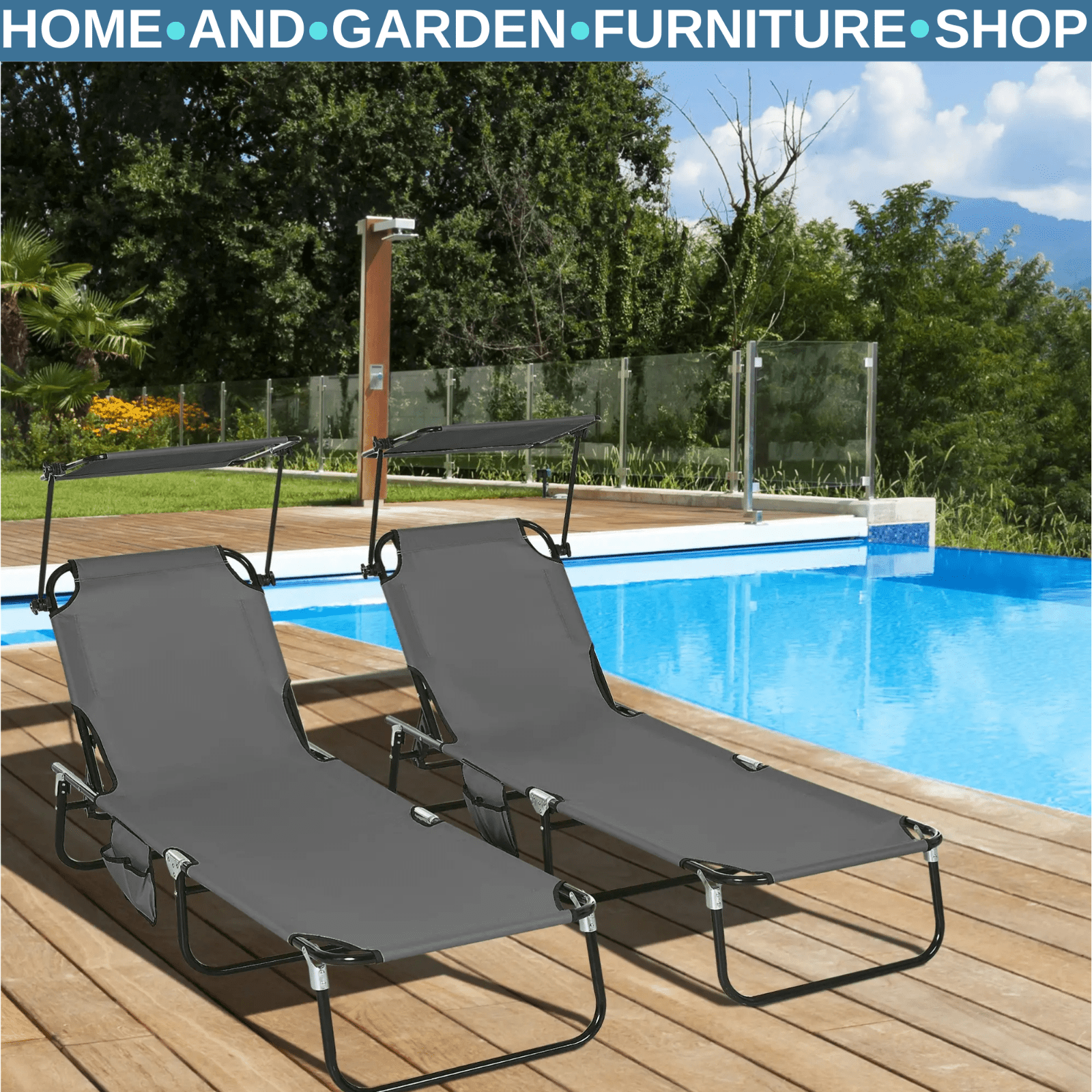 2 Piecs Folding Sun Loungers with Canopy Adjustable Recliner Chairs for Garden - Home and Garden Furniture Shop - #rustic - furniture#