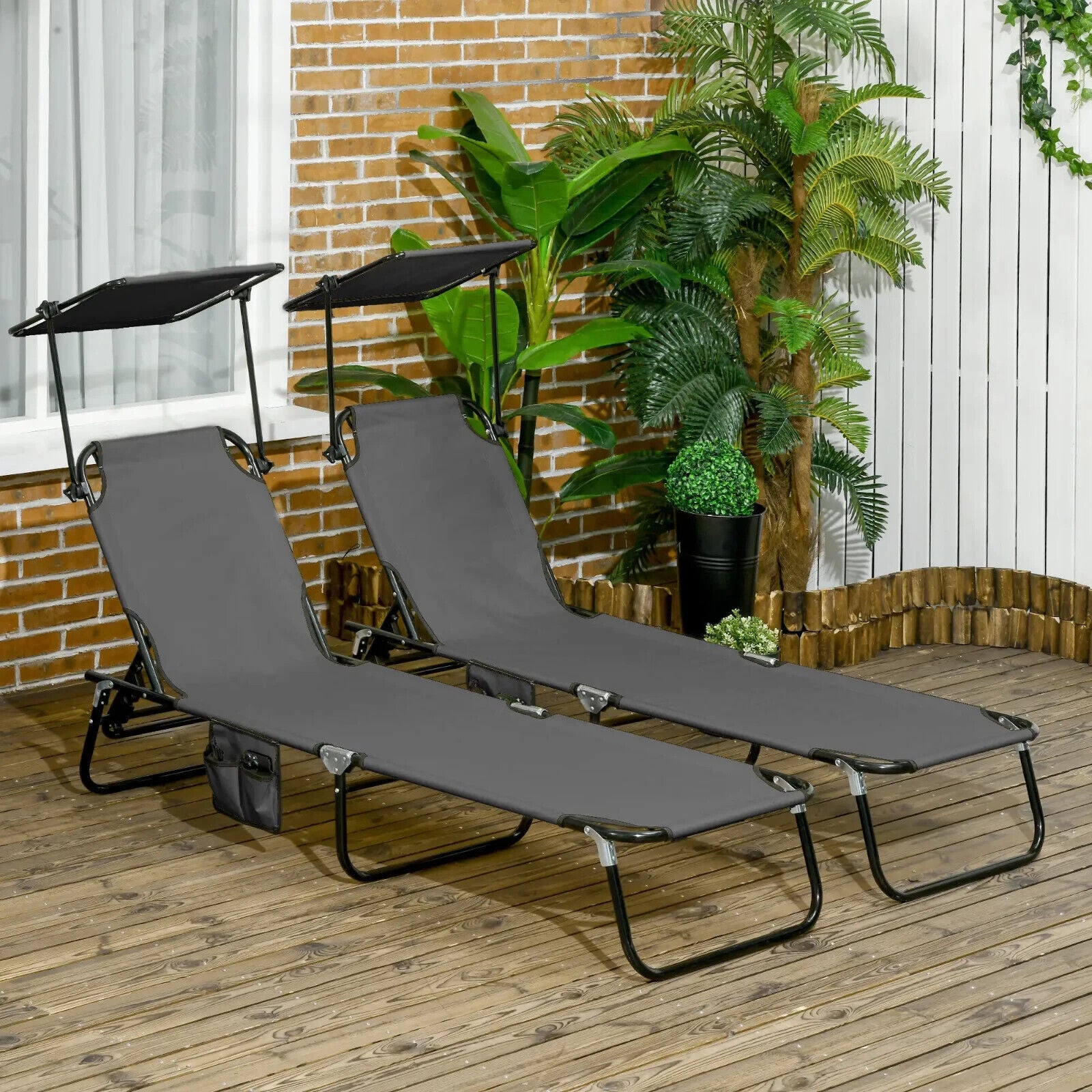 2 Piecs Folding Sun Loungers with Canopy Adjustable Recliner Chairs for Garden - Home and Garden Furniture Shop - #rustic - furniture#