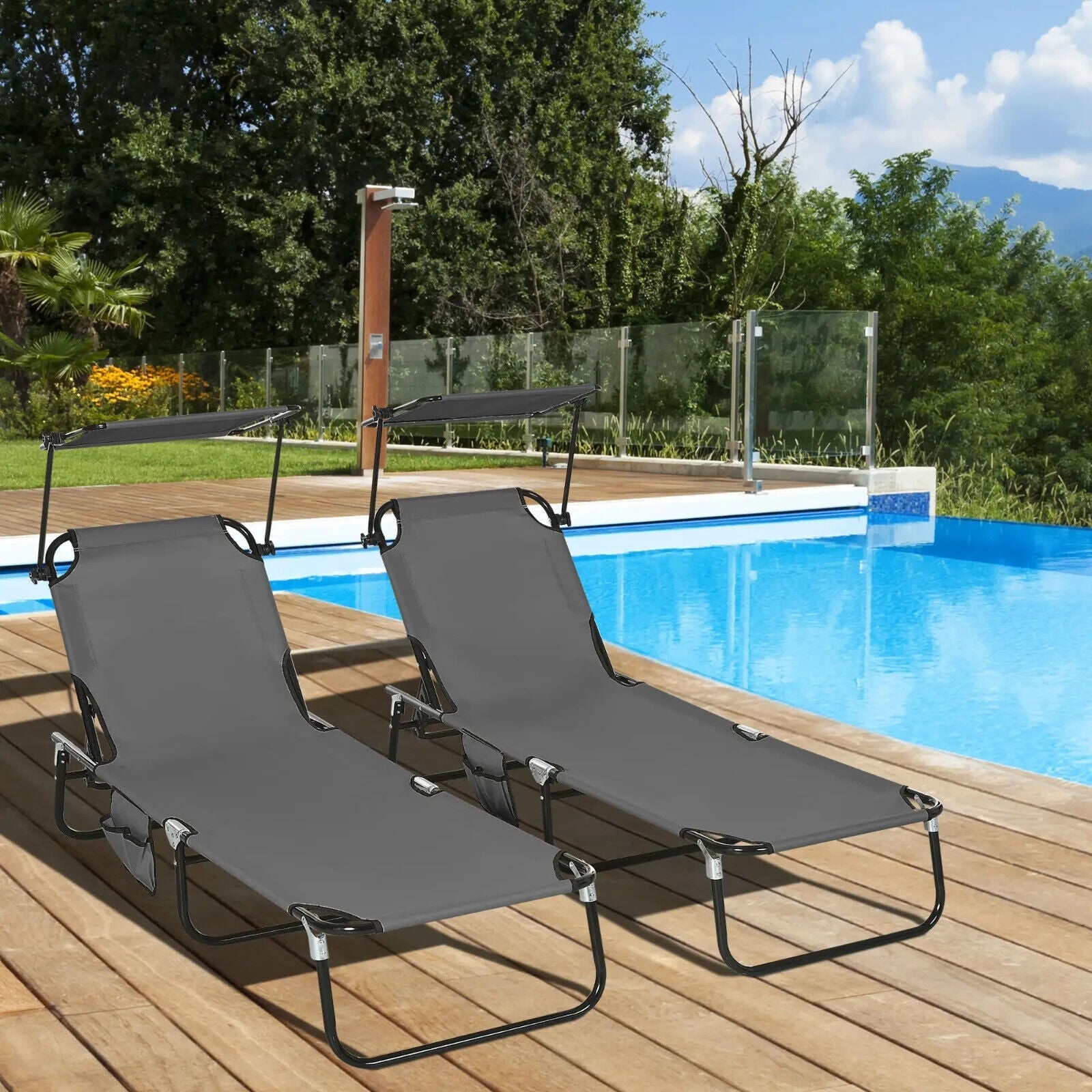 2 Piecs Folding Sun Loungers with Canopy Adjustable Recliner Chairs for Garden - Home and Garden Furniture Shop - #rustic - furniture#