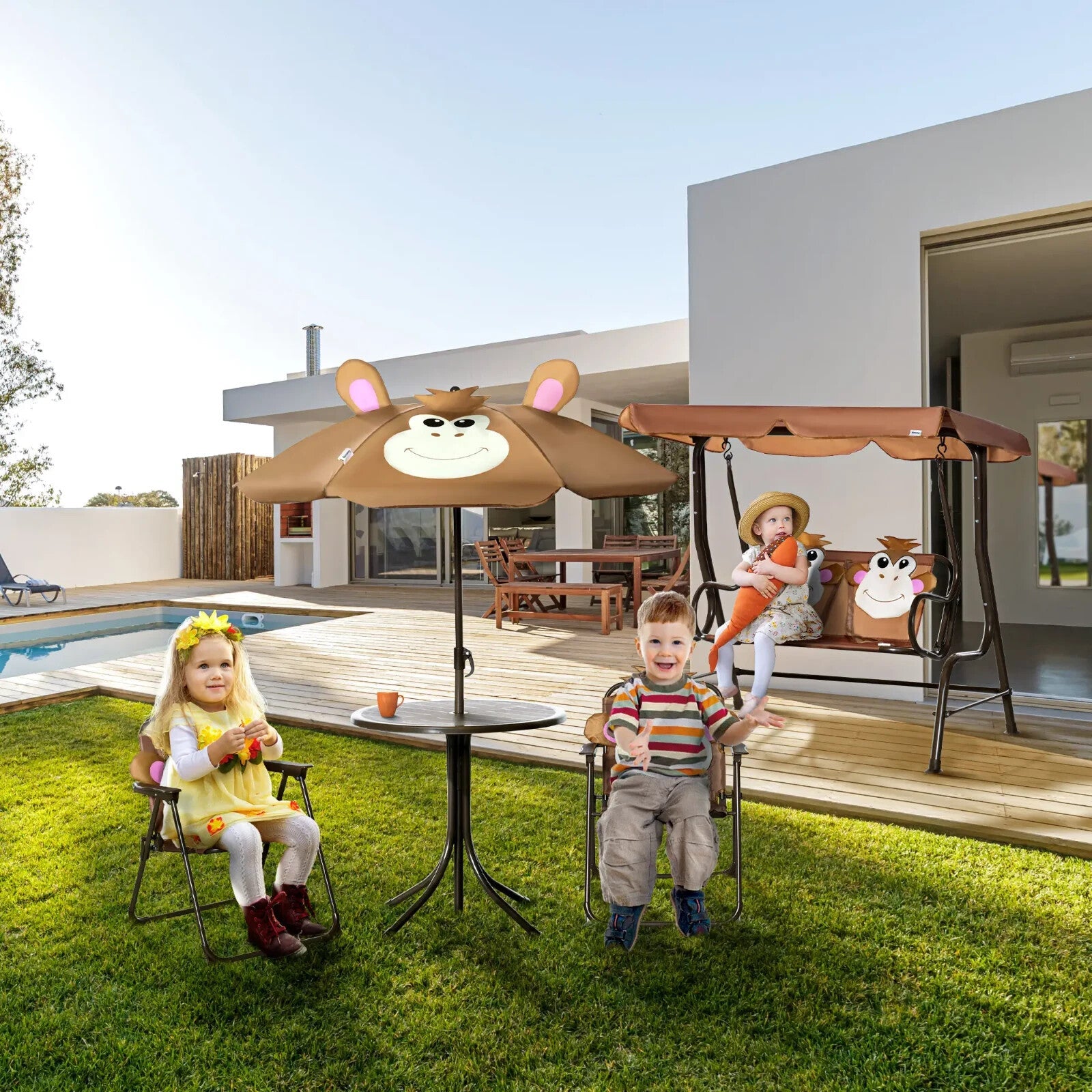 2 - Seat Kids Canopy Swing Chair with Adjustable Awning & Seat Belt Monkey Pattern - Home and Garden Furniture Shop - rustic - furniture
