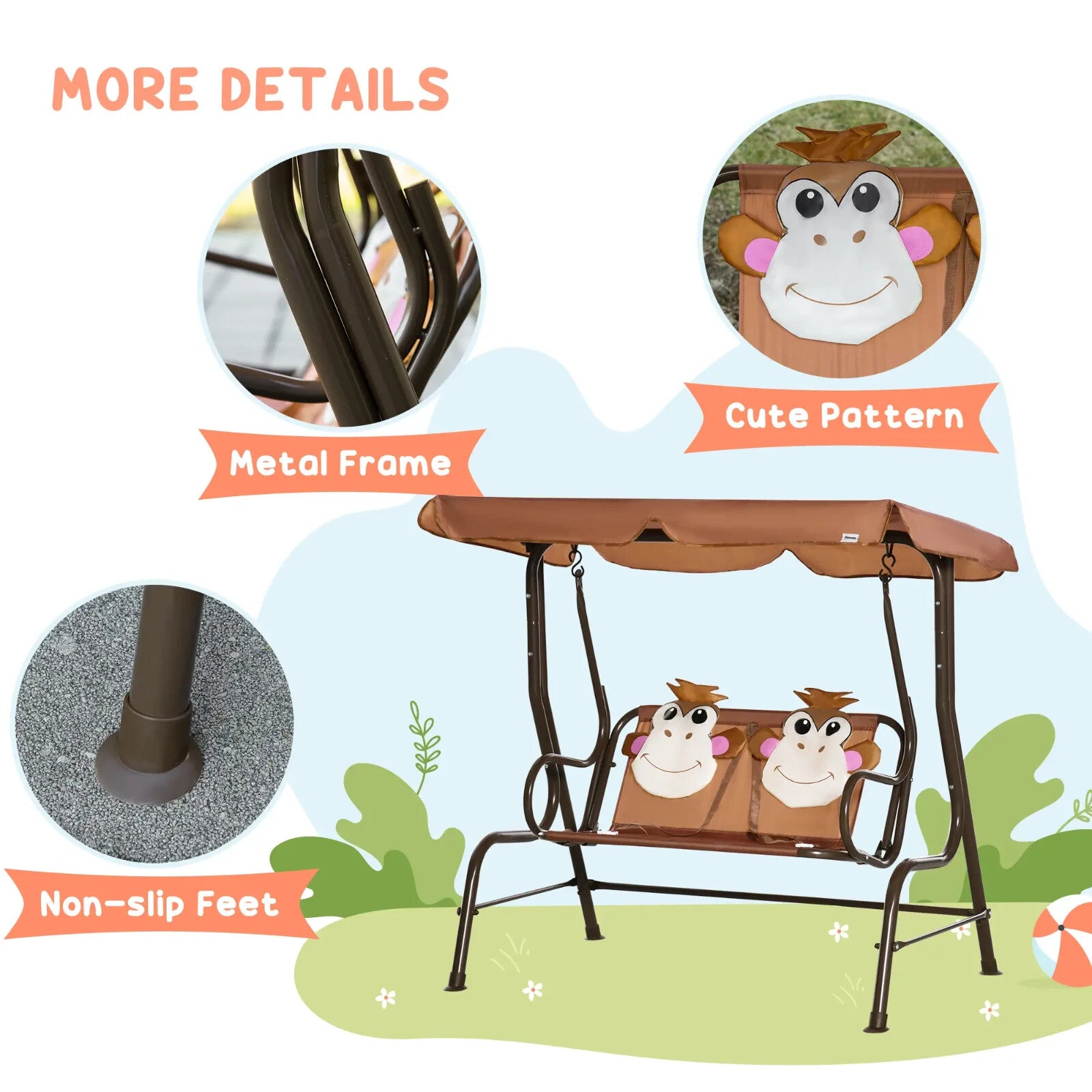 2 - Seat Kids Canopy Swing Chair with Adjustable Awning & Seat Belt Monkey Pattern - Home and Garden Furniture Shop - rustic - furniture