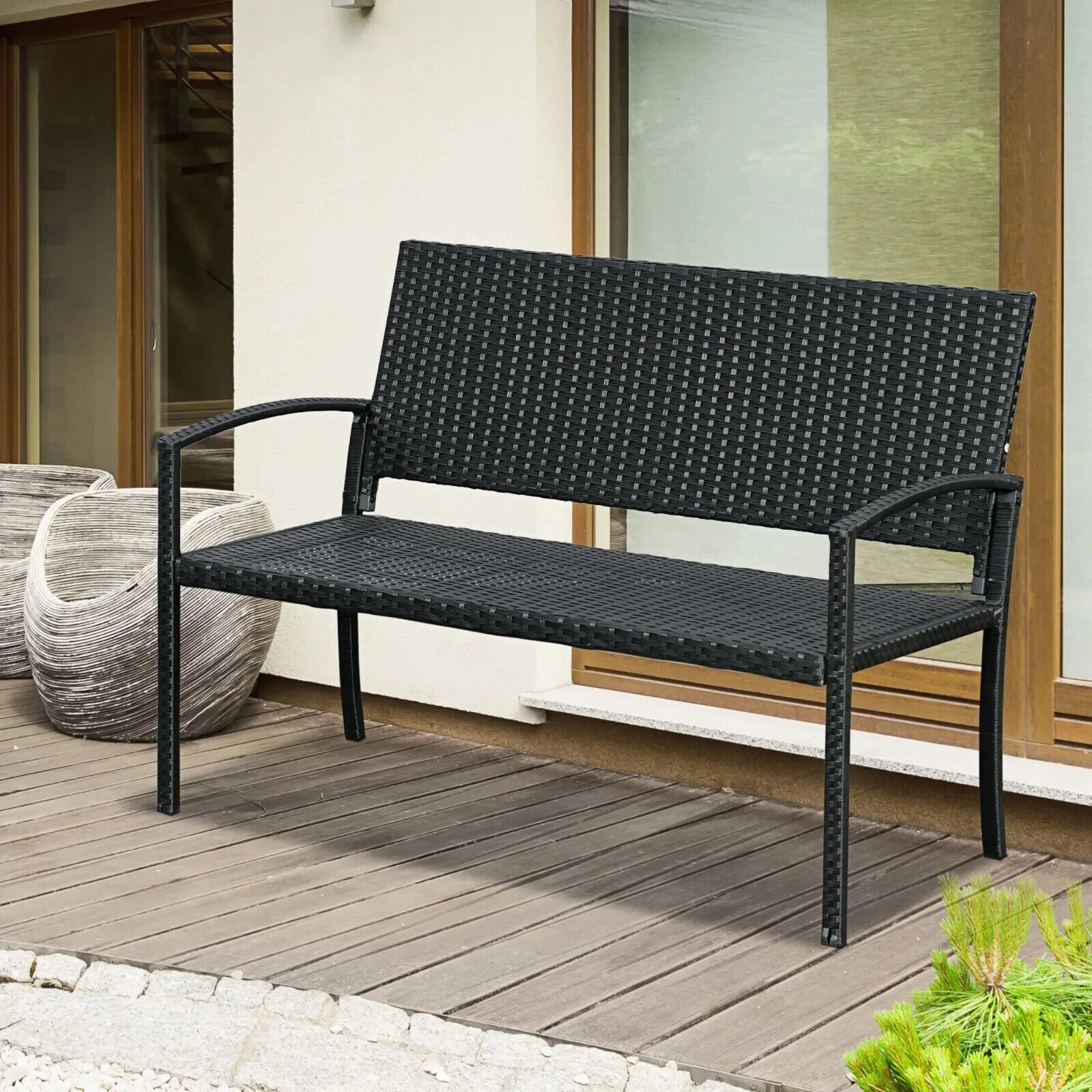 2 Seater Black Garden Bench Patio Rattan Love Seat Outdoor Blacony Bench Chair - Home and Garden Furniture Shop - #rustic - furniture#