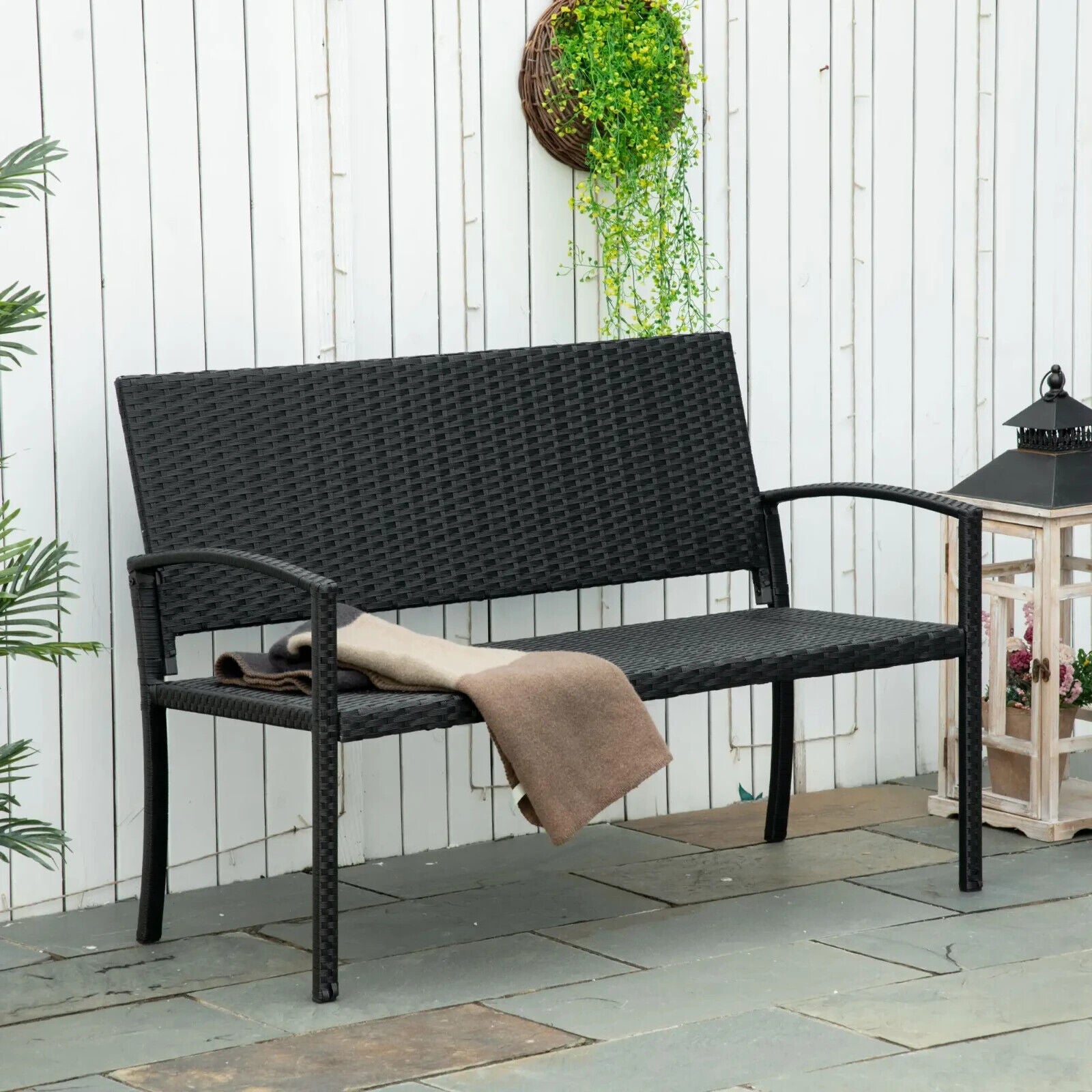 2 Seater Black Garden Bench Patio Rattan Love Seat Outdoor Blacony Bench Chair - Home and Garden Furniture Shop - #rustic - furniture#