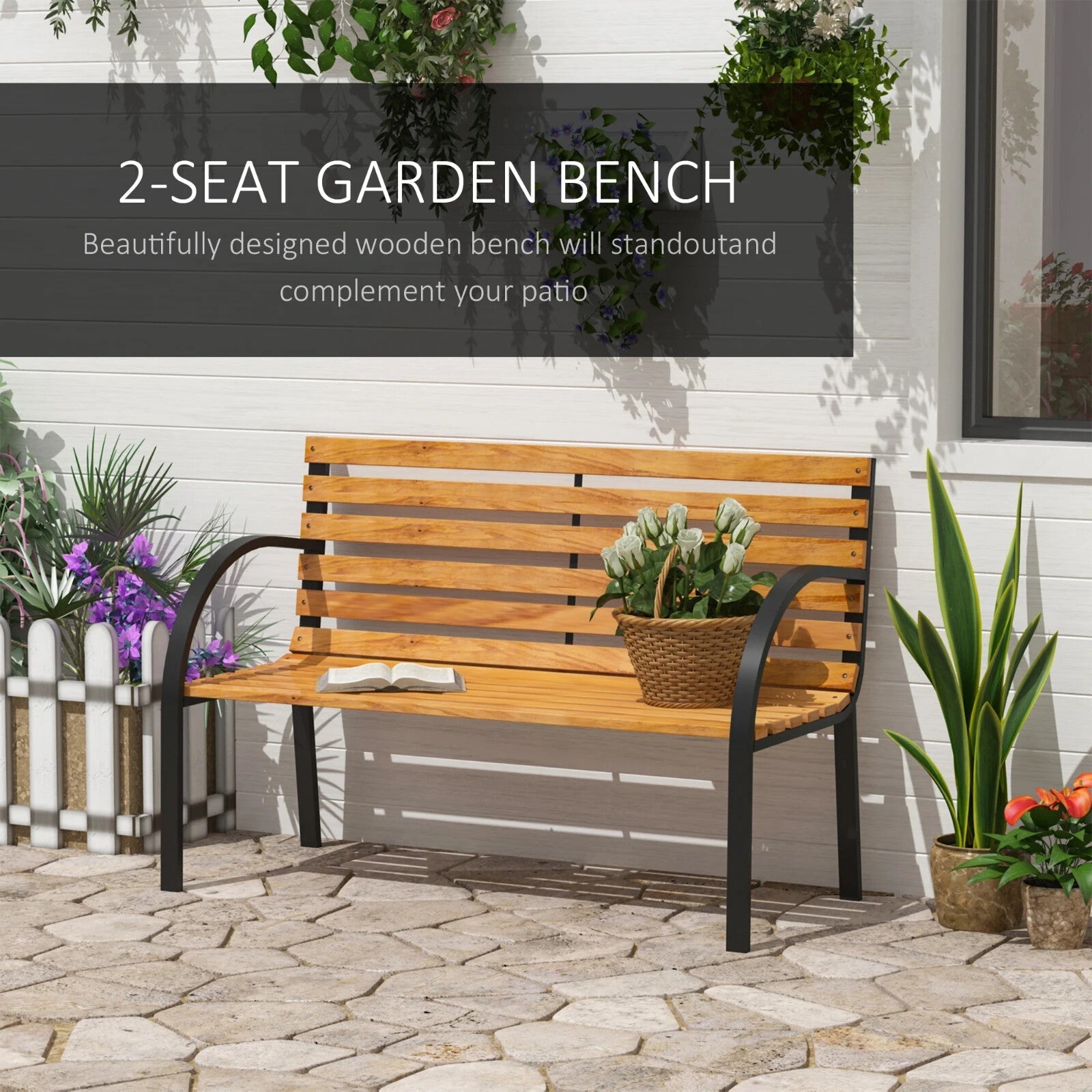 2 Seater Garden Bench Metal Legs Wooden Slatted Seat Backrest Patio Chair Bench - Home and Garden Furniture Shop - rustic - furniture