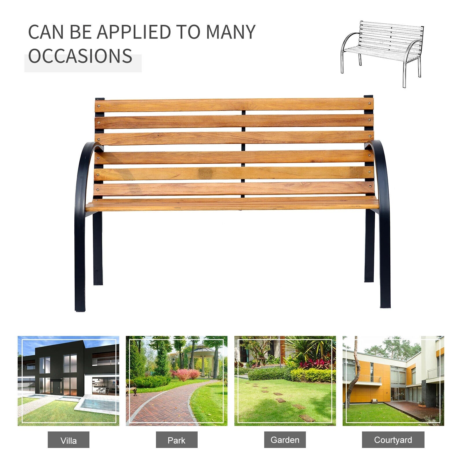 2 Seater Garden Bench Metal Legs Wooden Slatted Seat Backrest Patio Chair Bench - Home and Garden Furniture Shop - rustic - furniture