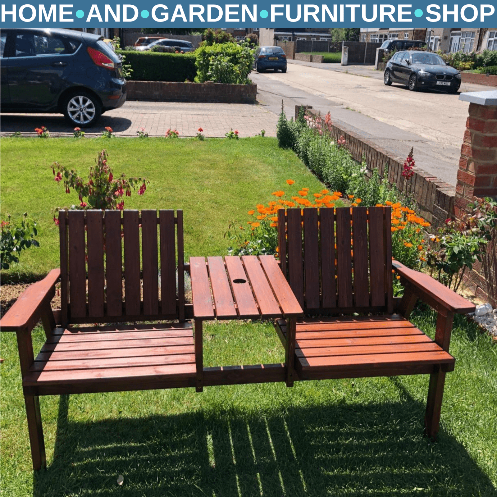 2 Seater Garden Bench with Table & Parasol Hole Wooden Loveseat for Patio Brown - Home and Garden Furniture Shop - rustic - furniture