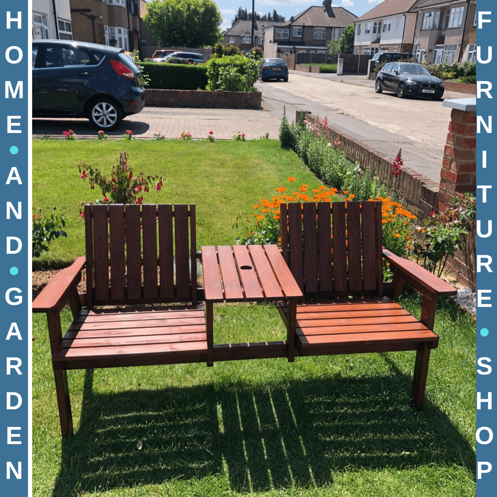 2 Seater Garden Bench with Table & Parasol Hole Wooden Loveseat for Patio Brown - Home and Garden Furniture Shop - rustic - furniture