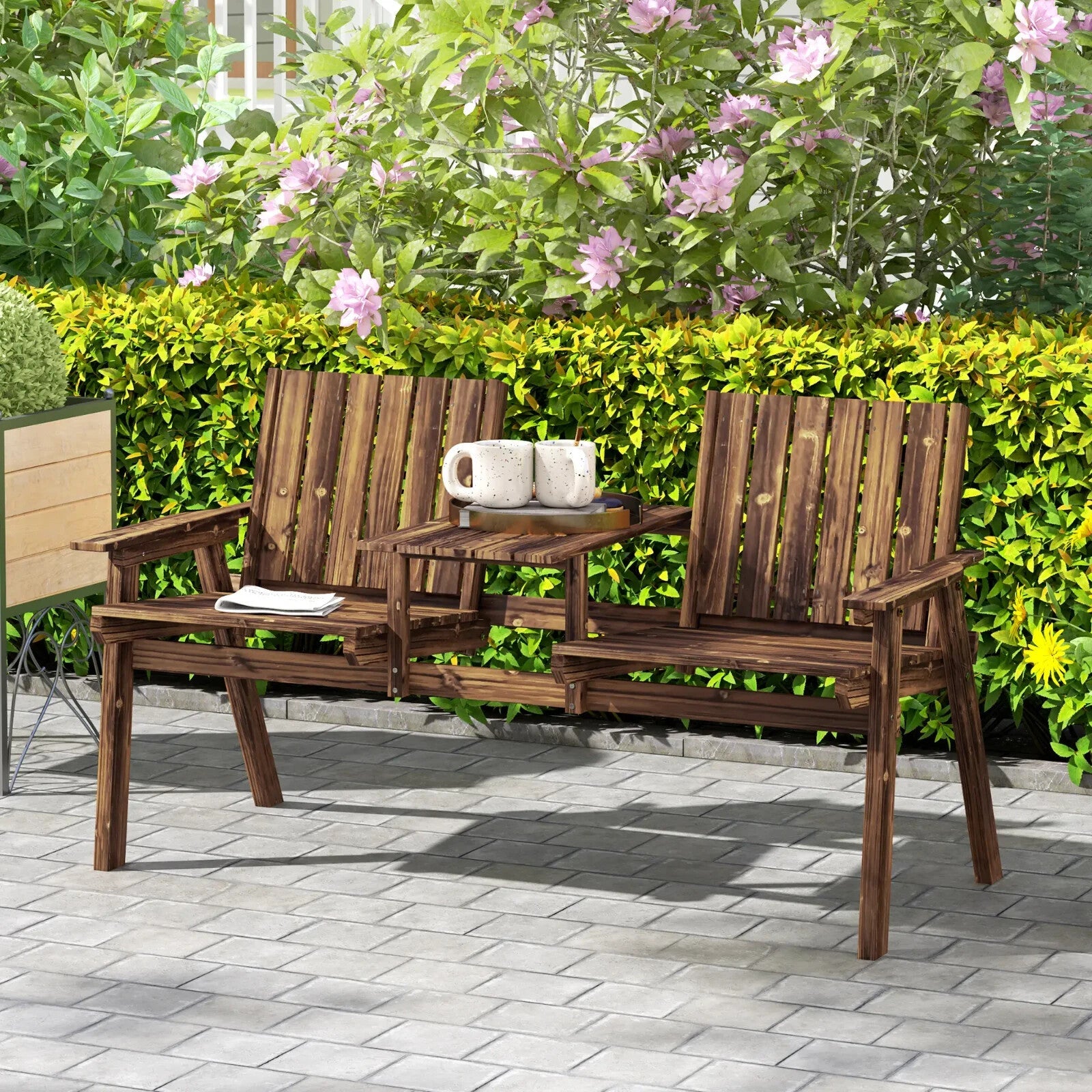 2 Seater Garden Bench with Table & Parasol Hole Wooden Loveseat for Patio Brown - Home and Garden Furniture Shop - rustic - furniture