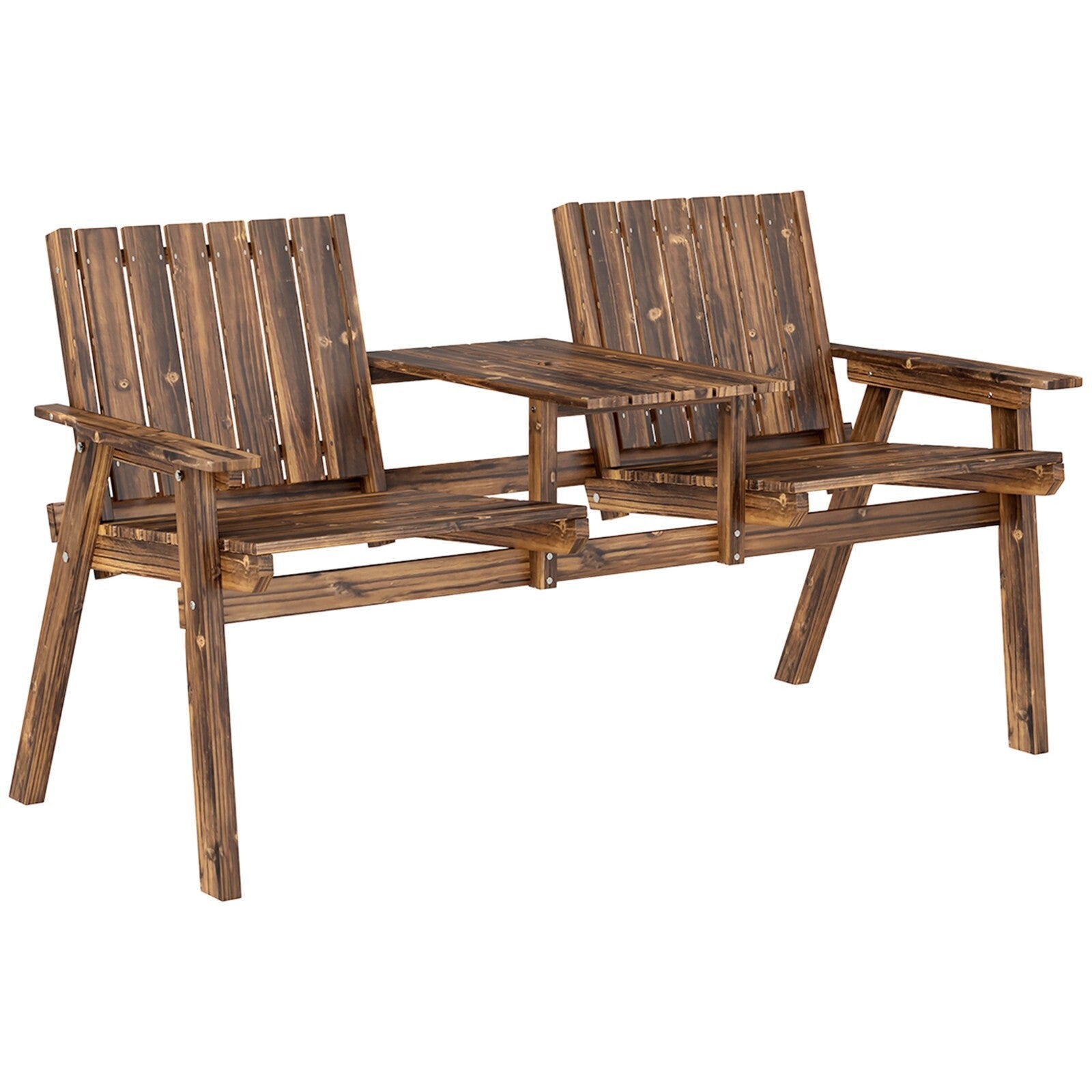 2 Seater Garden Bench with Table & Parasol Hole Wooden Loveseat for Patio Brown - Home and Garden Furniture Shop - rustic - furniture