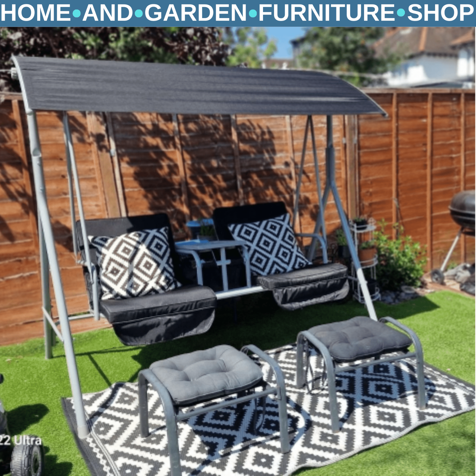2 Seater Garden Swing Chair with Tilting Canopy Padded Seats Storage Tray & Bag - Home and Garden Furniture Shop - rustic - furniture