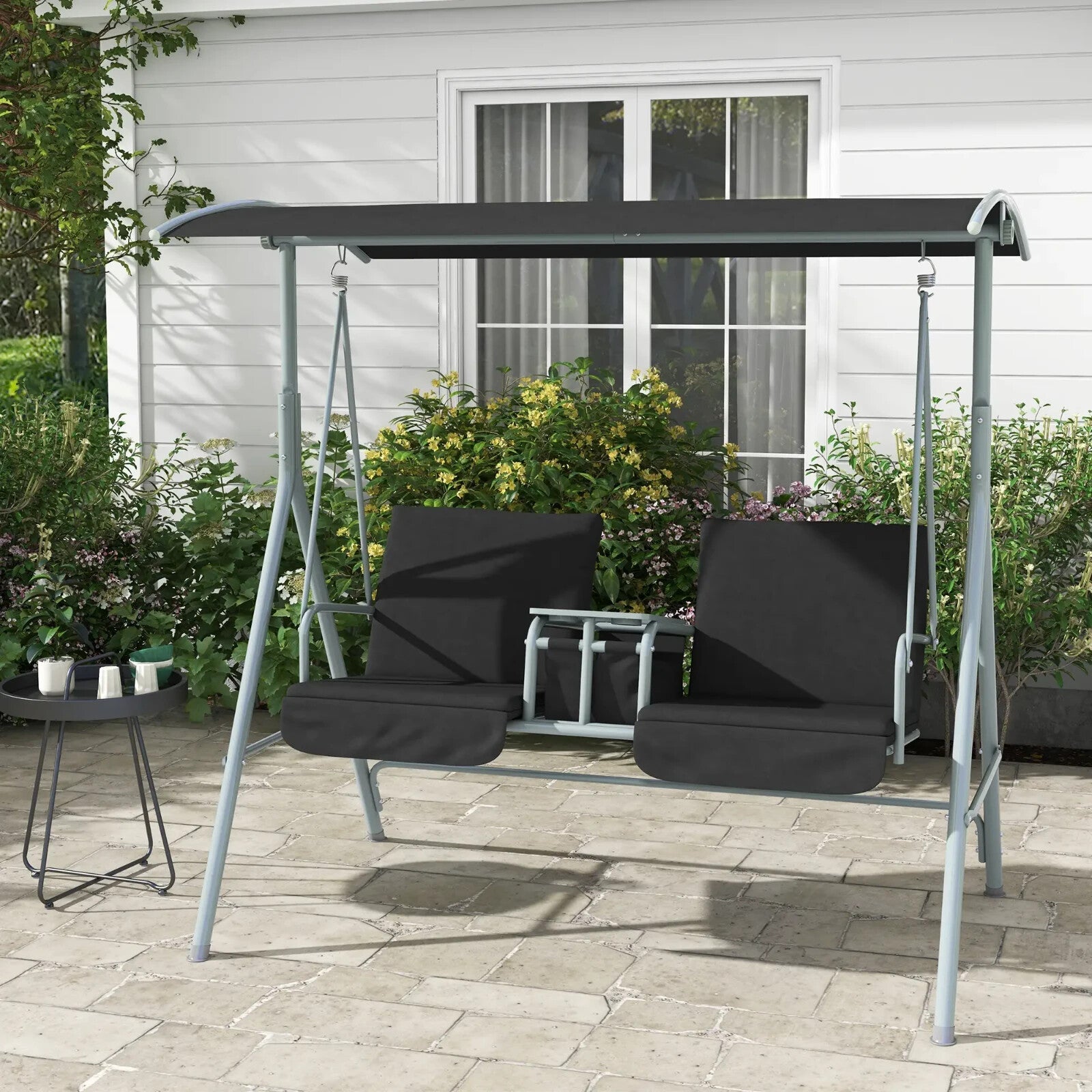 2 Seater Garden Swing Chair with Tilting Canopy Padded Seats Storage Tray & Bag - Home and Garden Furniture Shop - rustic - furniture