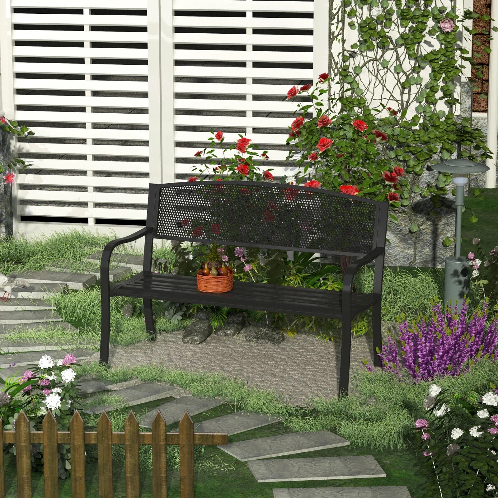 2 Seater Metal Garden Bench Patio Park Loveseat Slatted Chair Outdoor Seating - Home and Garden Furniture Shop - #rustic - furniture#