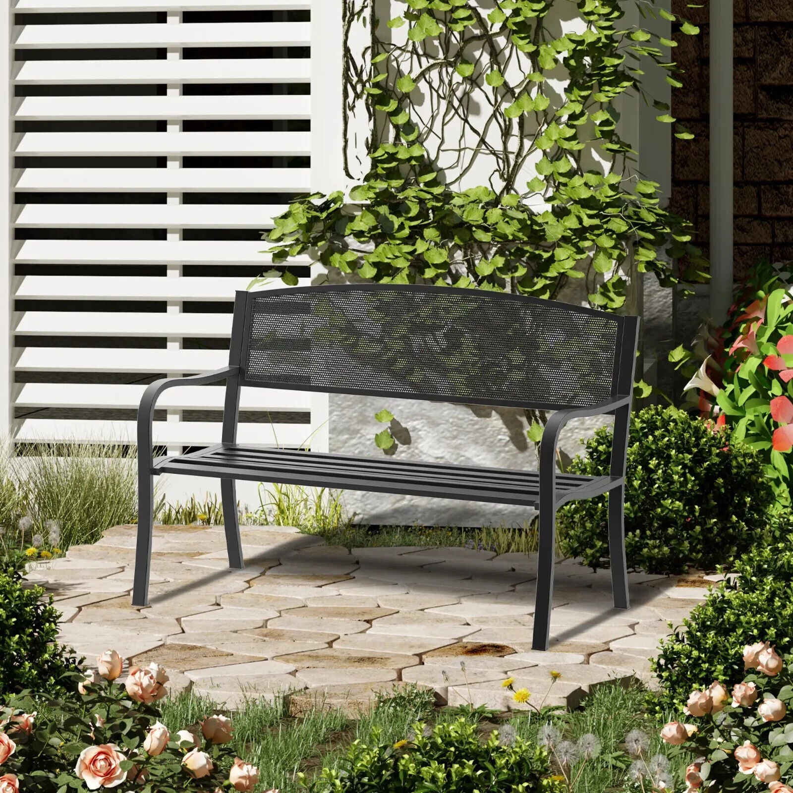 2 Seater Metal Garden Bench Patio Park Loveseat Slatted Chair Outdoor Seating - Home and Garden Furniture Shop - #rustic - furniture#