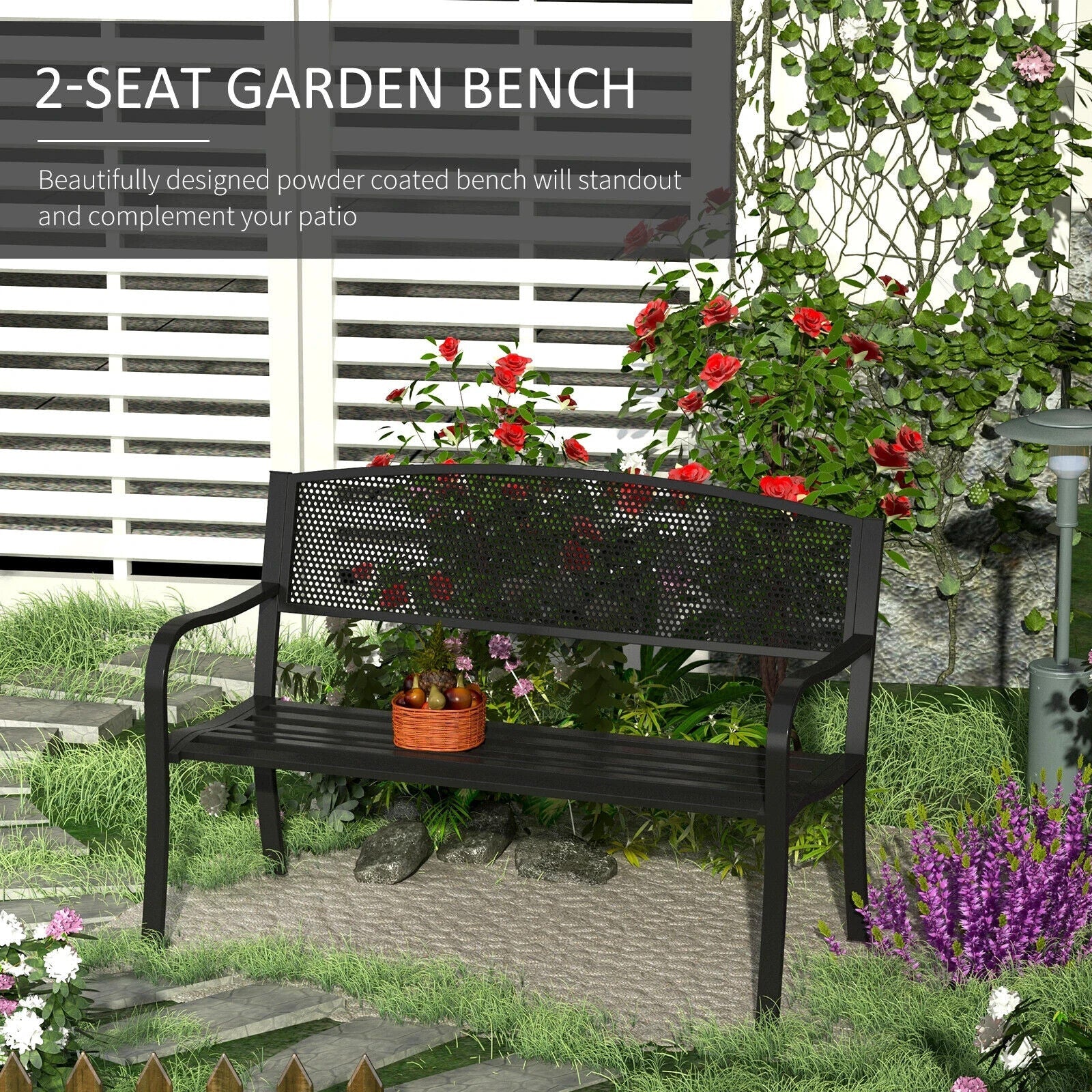 2 Seater Metal Garden Bench Patio Park Loveseat Slatted Chair Outdoor Seating - Home and Garden Furniture Shop - #rustic - furniture#