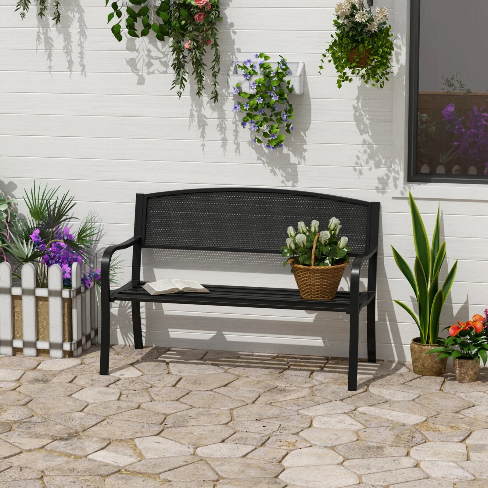 2 Seater Metal Garden Bench Patio Park Loveseat Slatted Chair Outdoor Seating - Home and Garden Furniture Shop - #rustic - furniture#