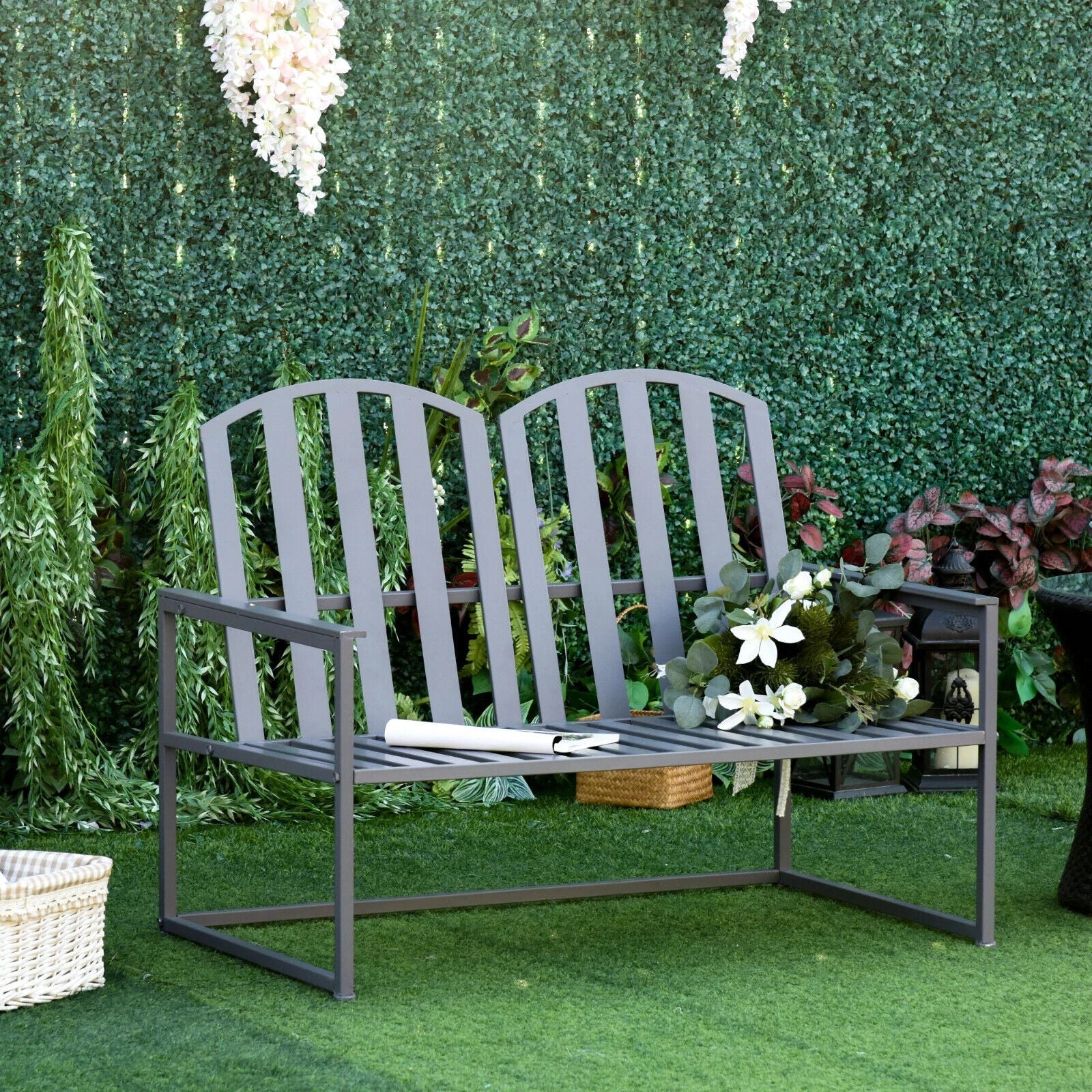 2 Seater Metal Garden Bench Steel Patio Chair Slat Design Backyard Porch Grey - Home and Garden Furniture Shop - #rustic - furniture#