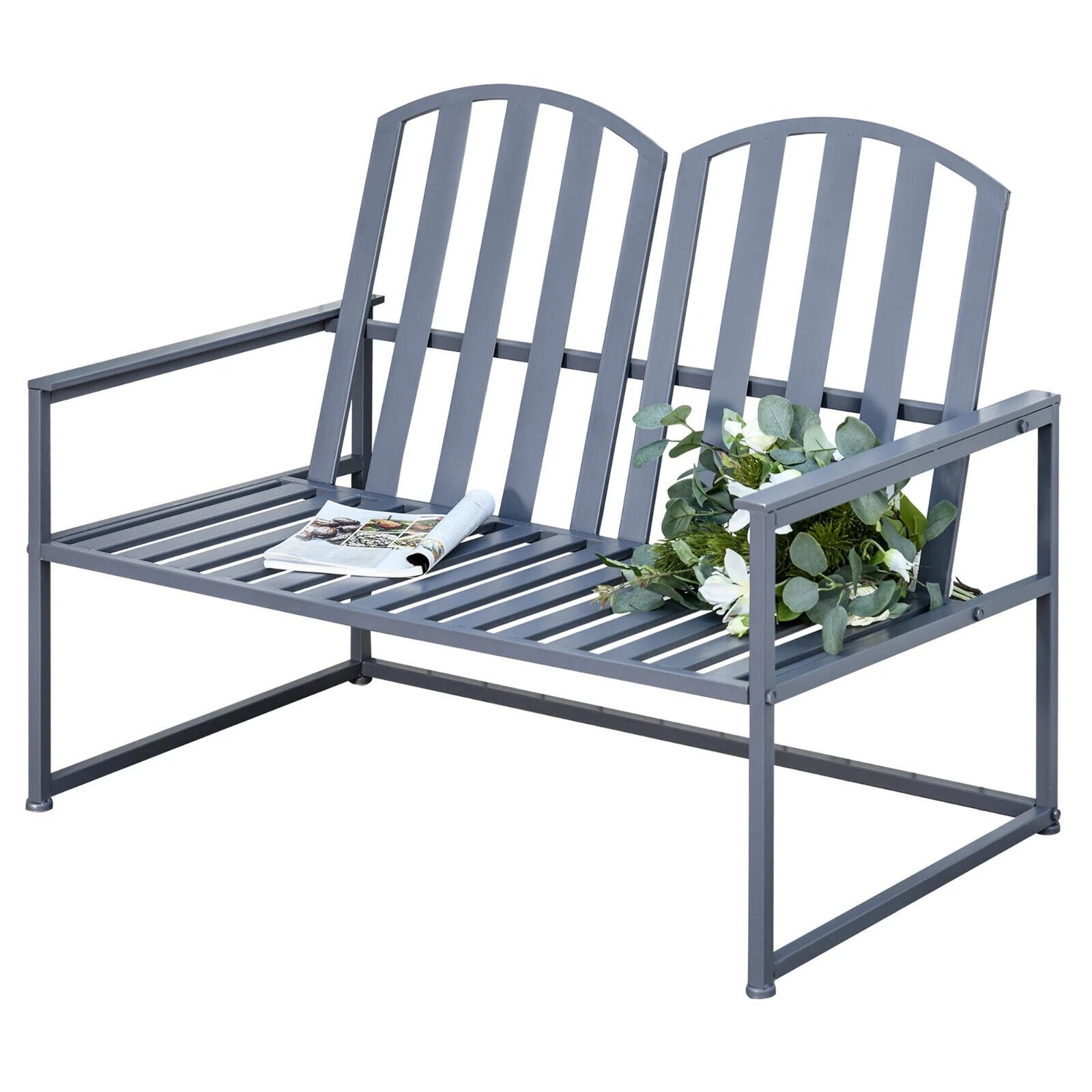 2 Seater Metal Garden Bench Steel Patio Chair Slat Design Backyard Porch Grey - Home and Garden Furniture Shop - #rustic - furniture#