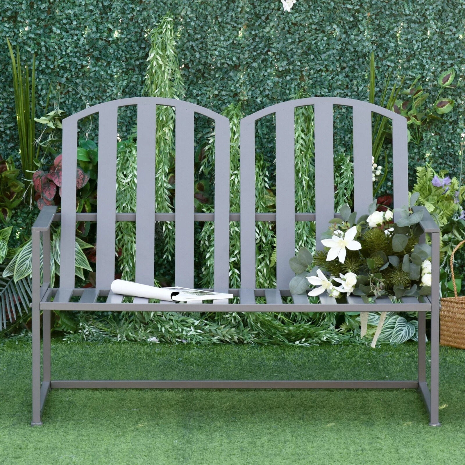 2 Seater Metal Garden Bench Steel Patio Chair Slat Design Backyard Porch Grey - Home and Garden Furniture Shop - #rustic - furniture#