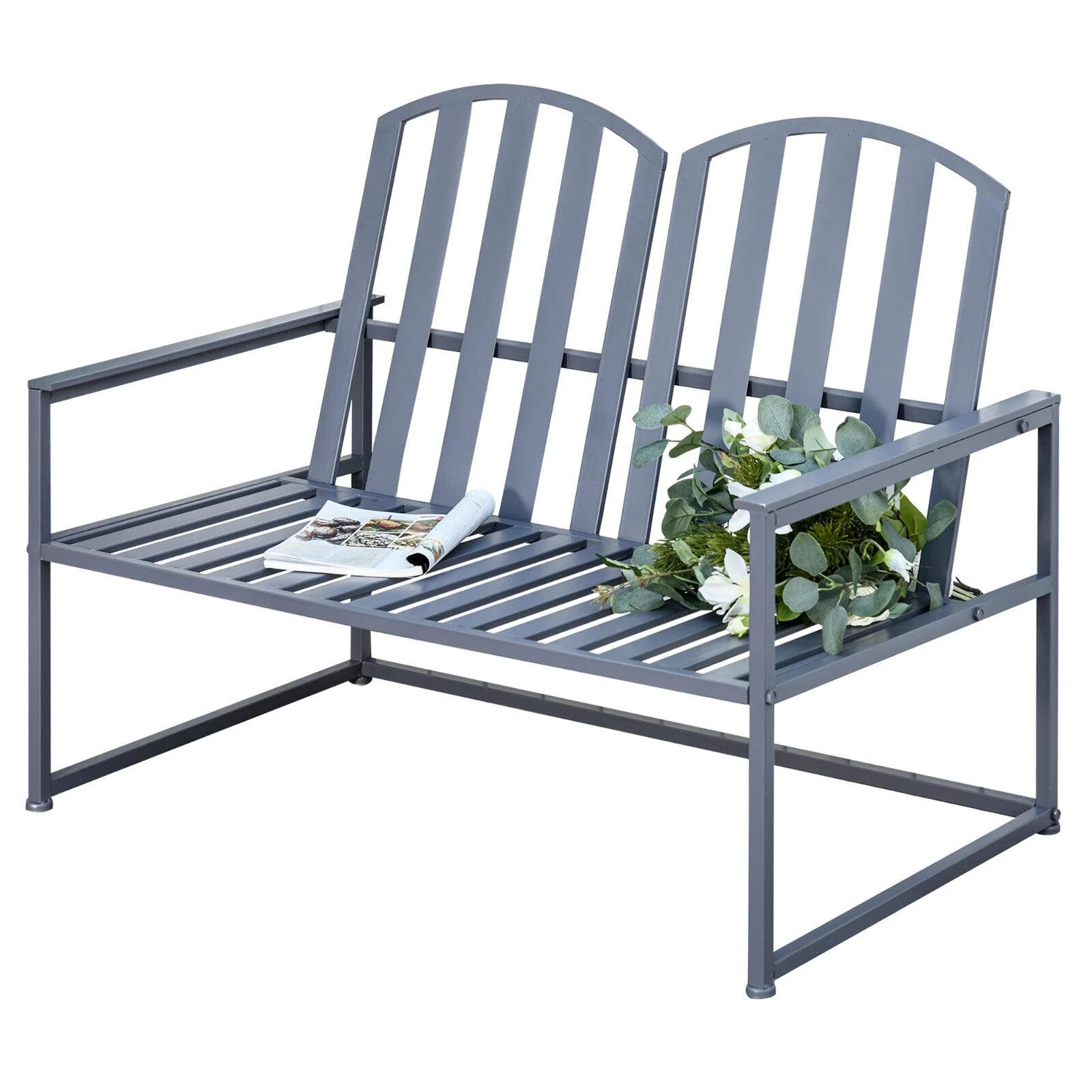 2 Seater Metal Garden Bench Steel Patio Chair Slat Design Backyard Porch Grey - Home and Garden Furniture Shop - rustic - furniture