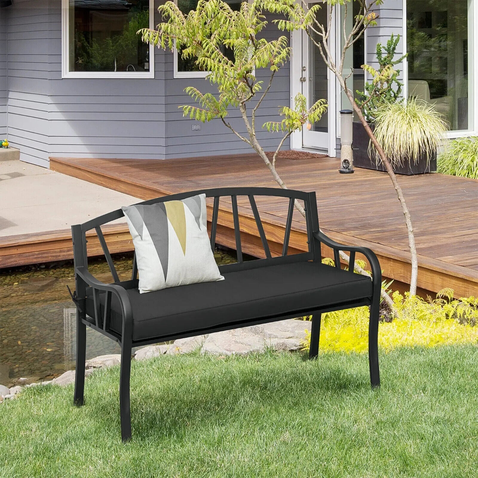 2 Seater Metal Garden Bench with Cushion Slatted Outdoor Park Chair and Armrests - Home and Garden Furniture Shop - #rustic - furniture#
