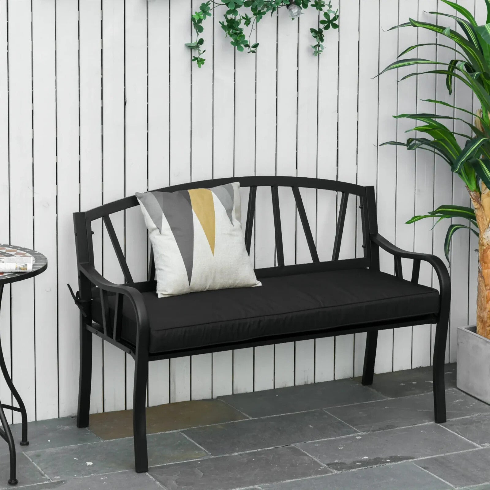 2 Seater Metal Garden Bench with Cushion Slatted Outdoor Park Chair and Armrests - Home and Garden Furniture Shop - rustic - furniture