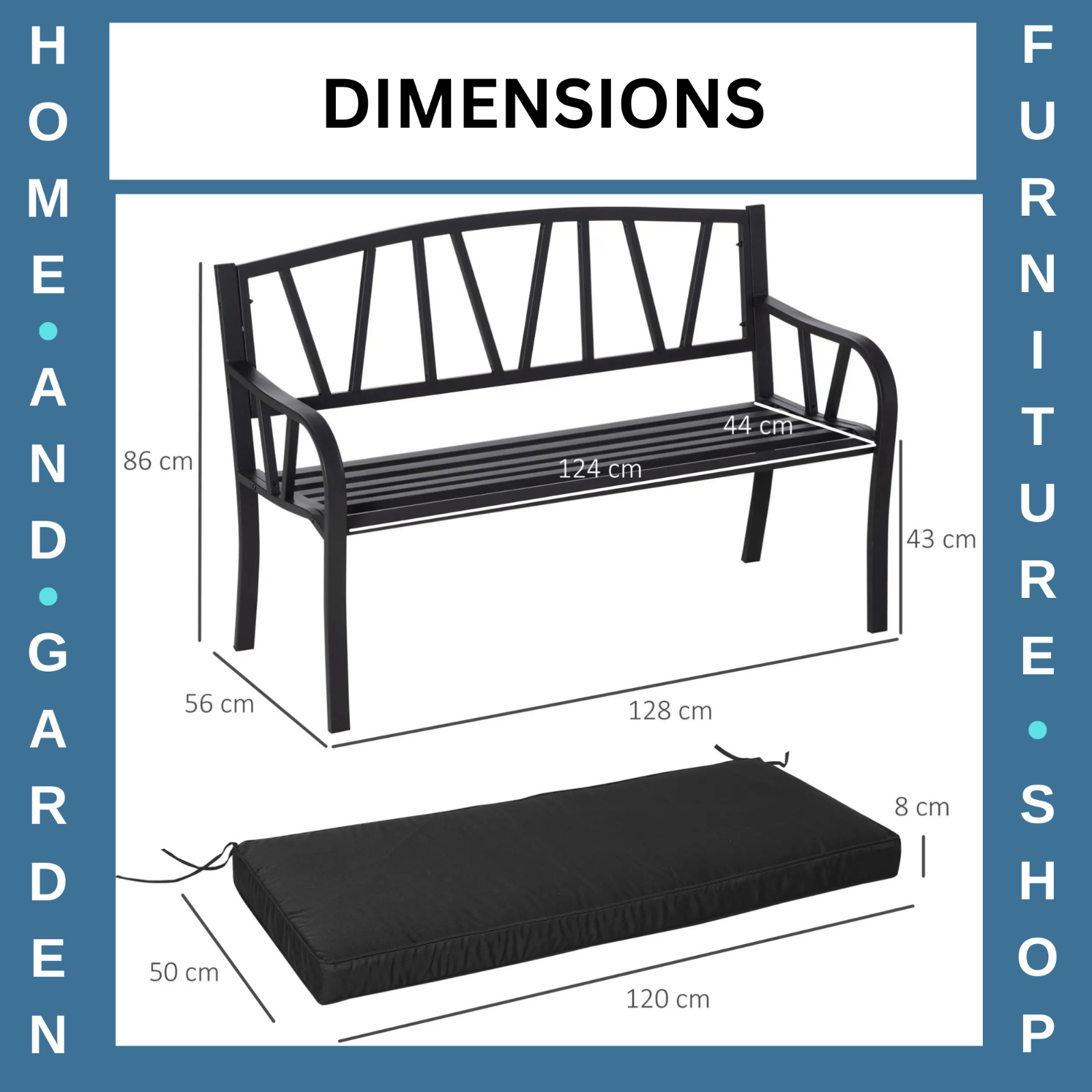 2 Seater Metal Garden Bench with Cushion Slatted Outdoor Park Chair and Armrests - Home and Garden Furniture Shop - #rustic - furniture#