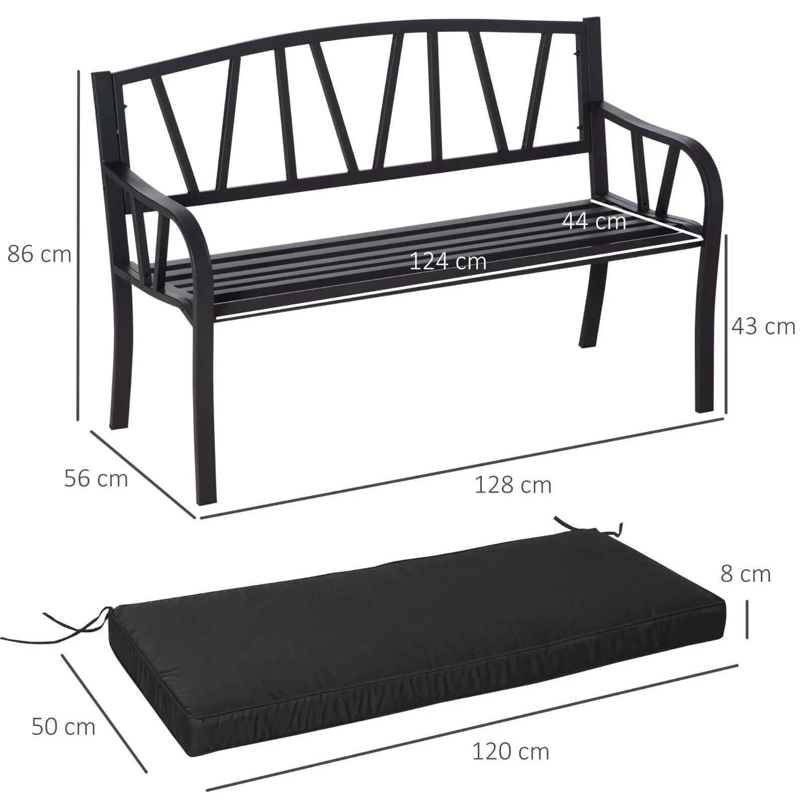 2 Seater Metal Garden Bench with Cushion Slatted Outdoor Park Chair and Armrests - Home and Garden Furniture Shop - #rustic - furniture#