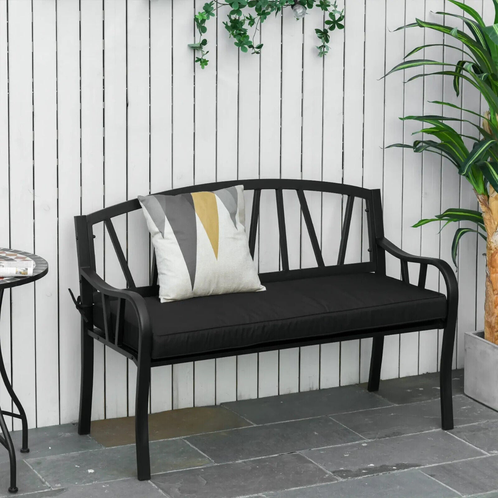 2 Seater Metal Garden Bench with Cushion Slatted Outdoor Park Chair and Armrests - Home and Garden Furniture Shop - #rustic - furniture#
