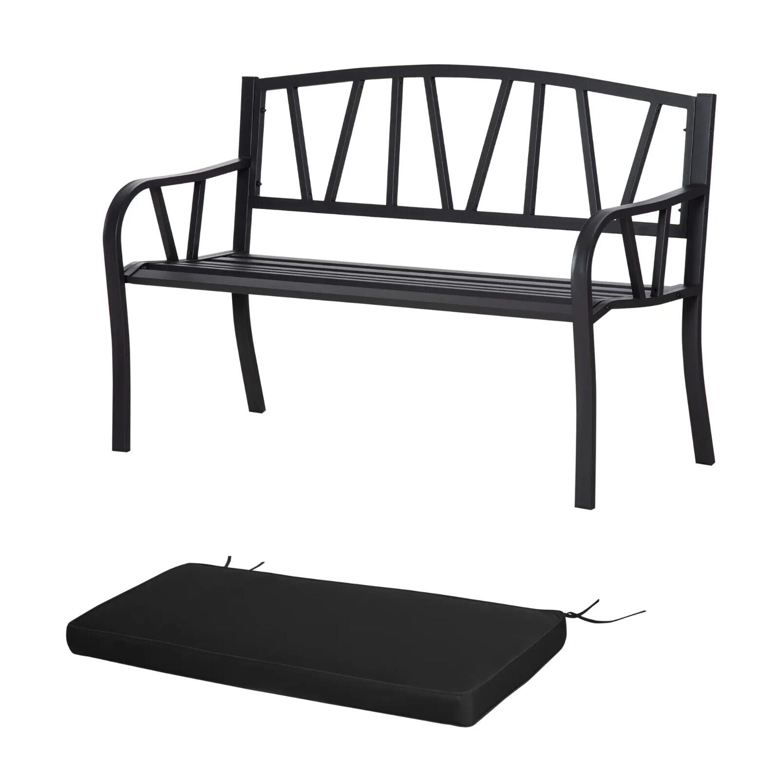 2 Seater Metal Garden Bench with Cushion Slatted Outdoor Park Chair and Armrests - Home and Garden Furniture Shop - #rustic - furniture#