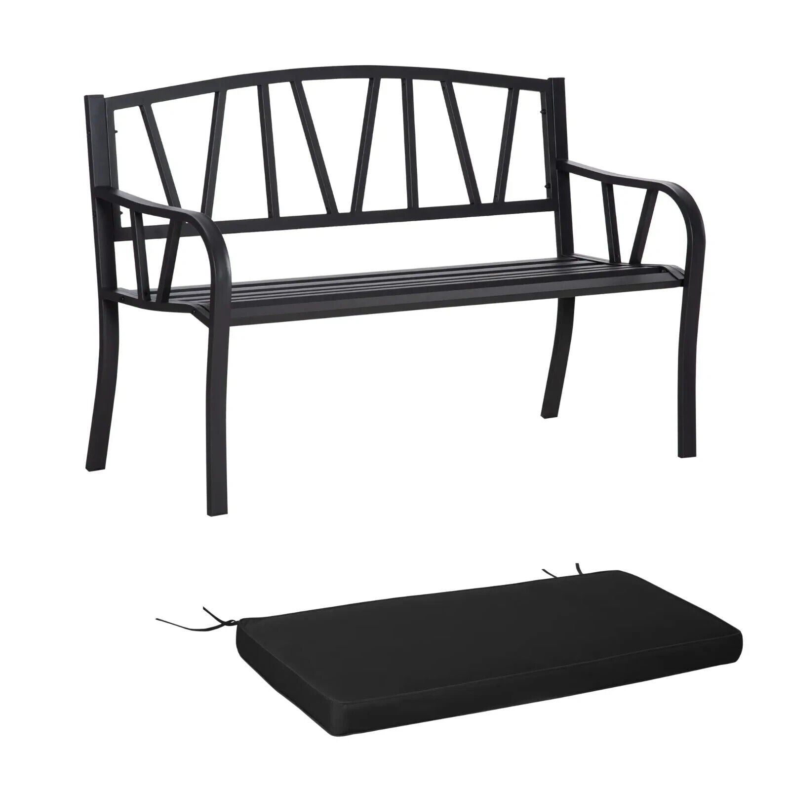 2 Seater Metal Garden Bench with Cushion Slatted Outdoor Park Chair and Armrests - Home and Garden Furniture Shop - #rustic - furniture#